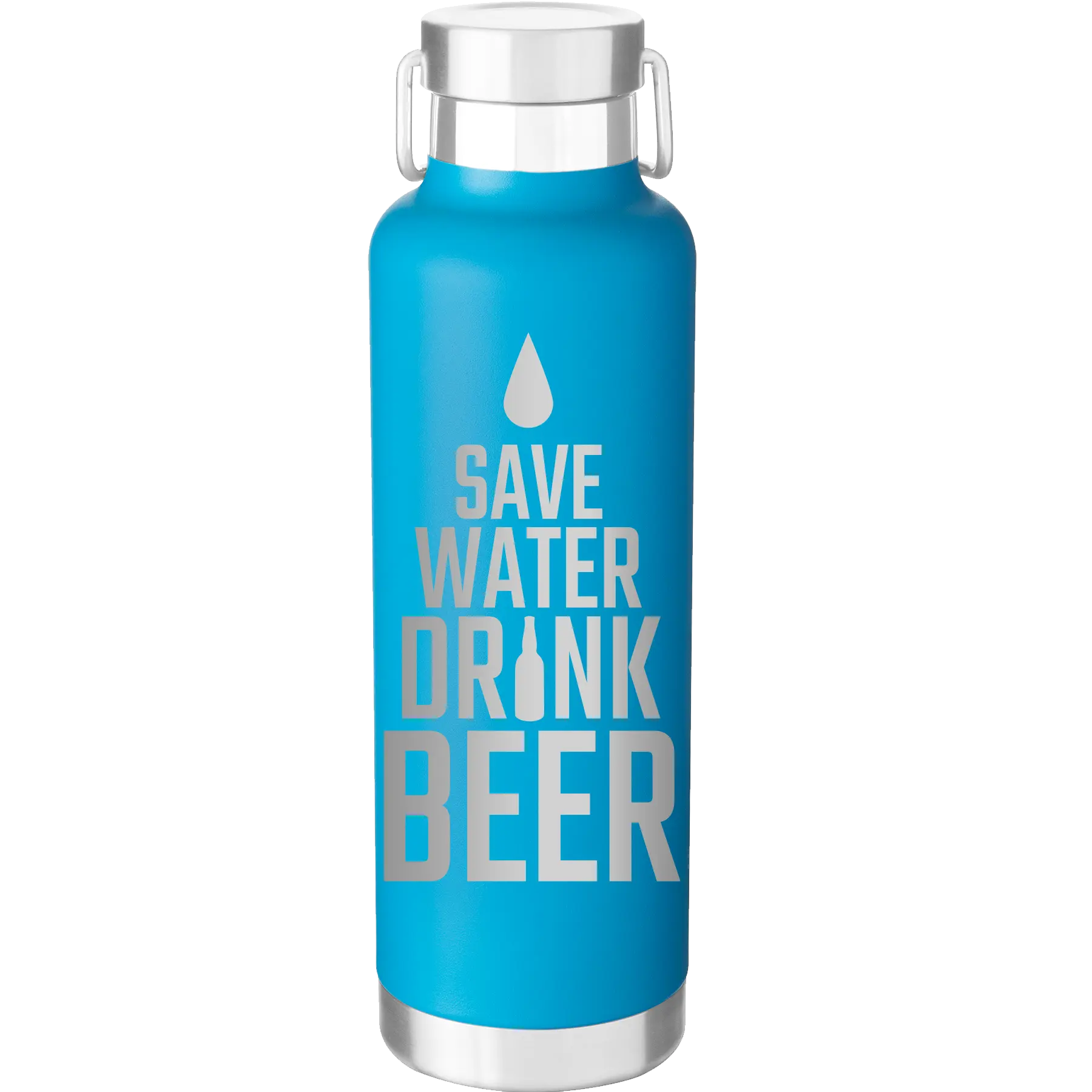 Laser etched aqua 24 oz vacuum insulated water bottle with 'Save Water Drink Beer' design