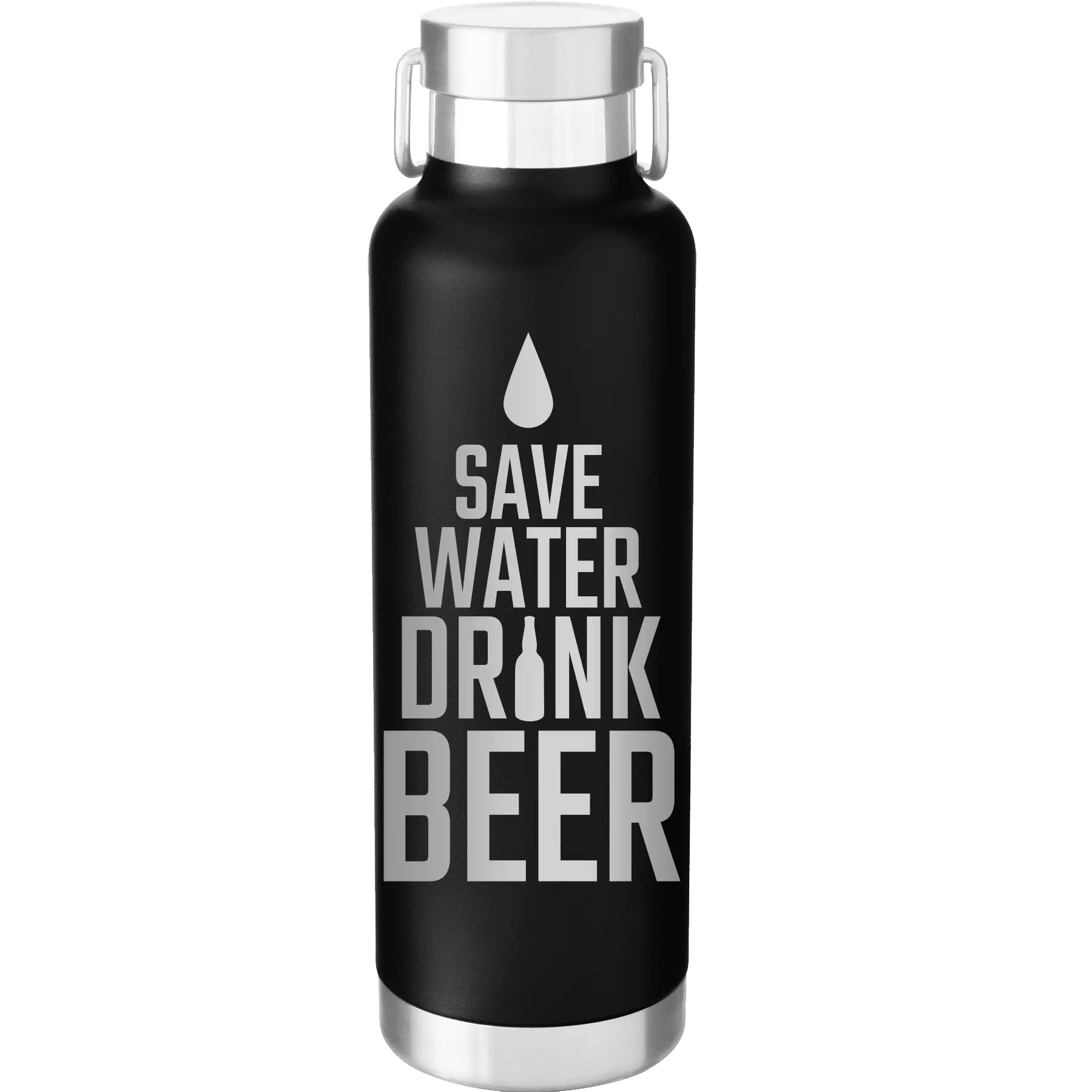 Laser etched black 24 oz vacuum insulated water bottle with 'Save Water Drink Beer' design