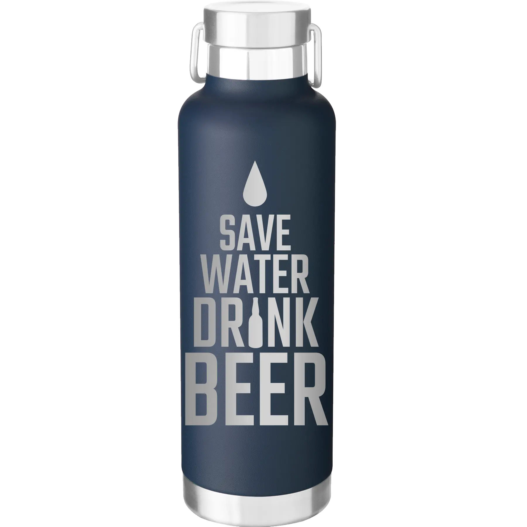 Laser etched navy 24 oz vacuum insulated water bottle with 'Save Water Drink Beer' design