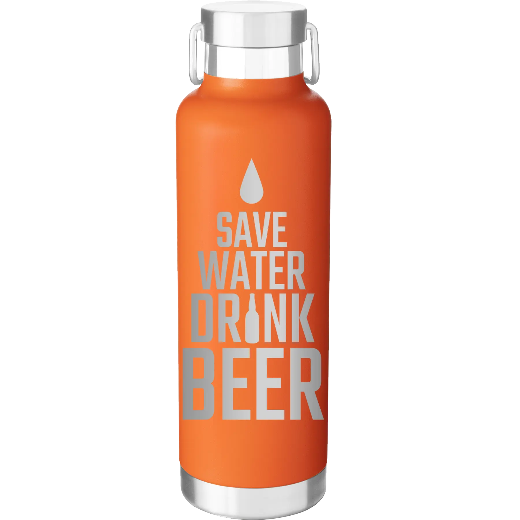 Laser etched orange 24 oz vacuum insulated water bottle with 'Save Water Drink Beer' design