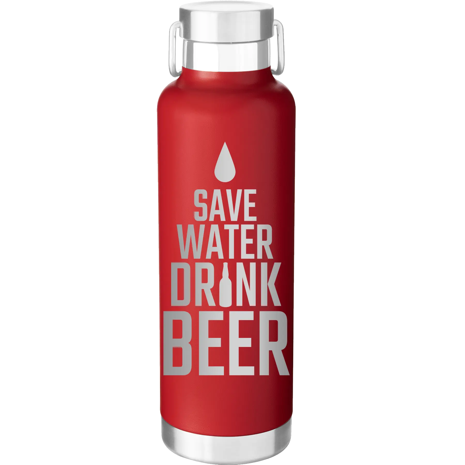 Laser etched red 24 oz vacuum insulated water bottle with 'Save Water Drink Beer' design