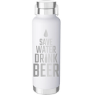 Laser etched white 24 oz vacuum insulated water bottle with 'Save Water Drink Beer' design