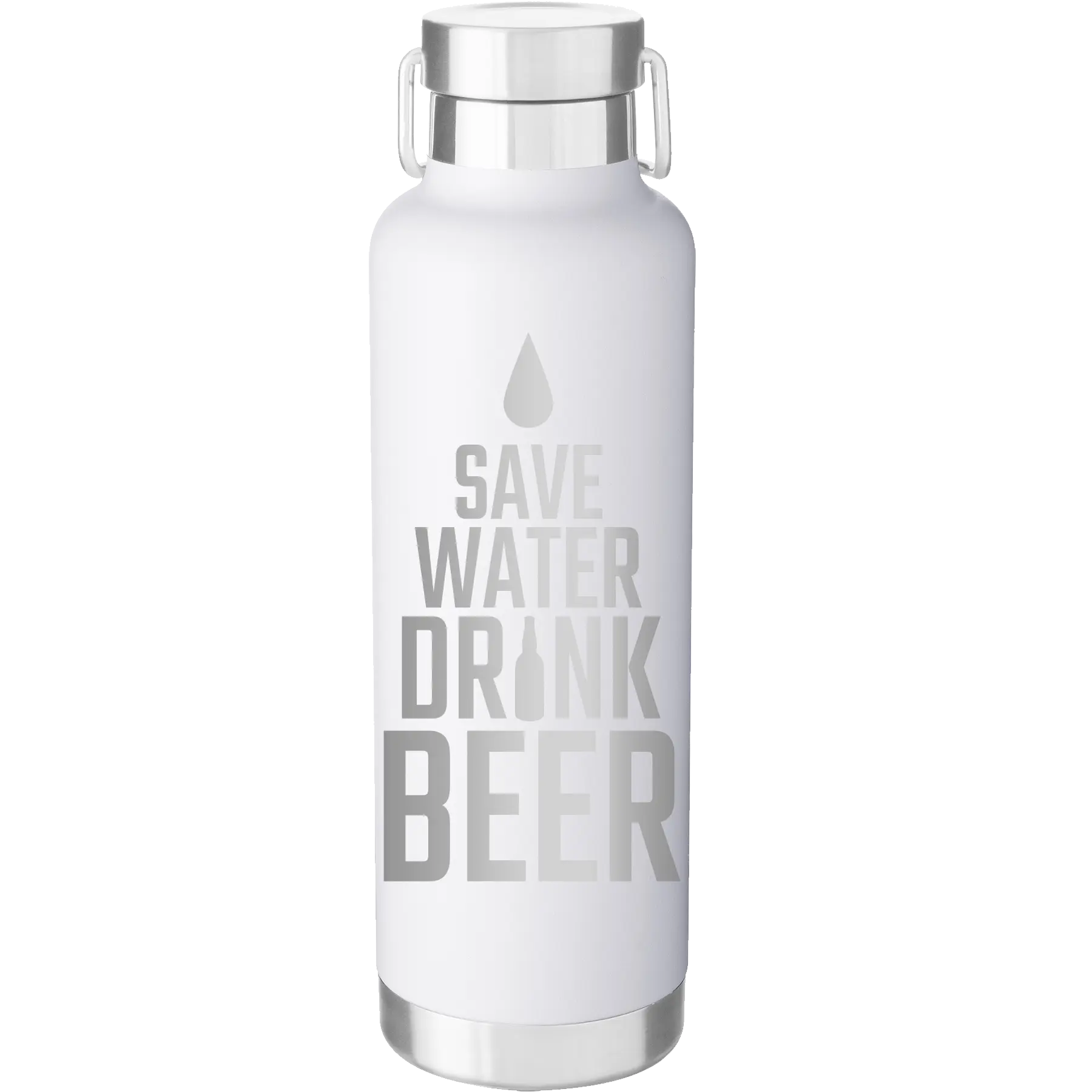 Laser etched white 24 oz vacuum insulated water bottle with 'Save Water Drink Beer' design
