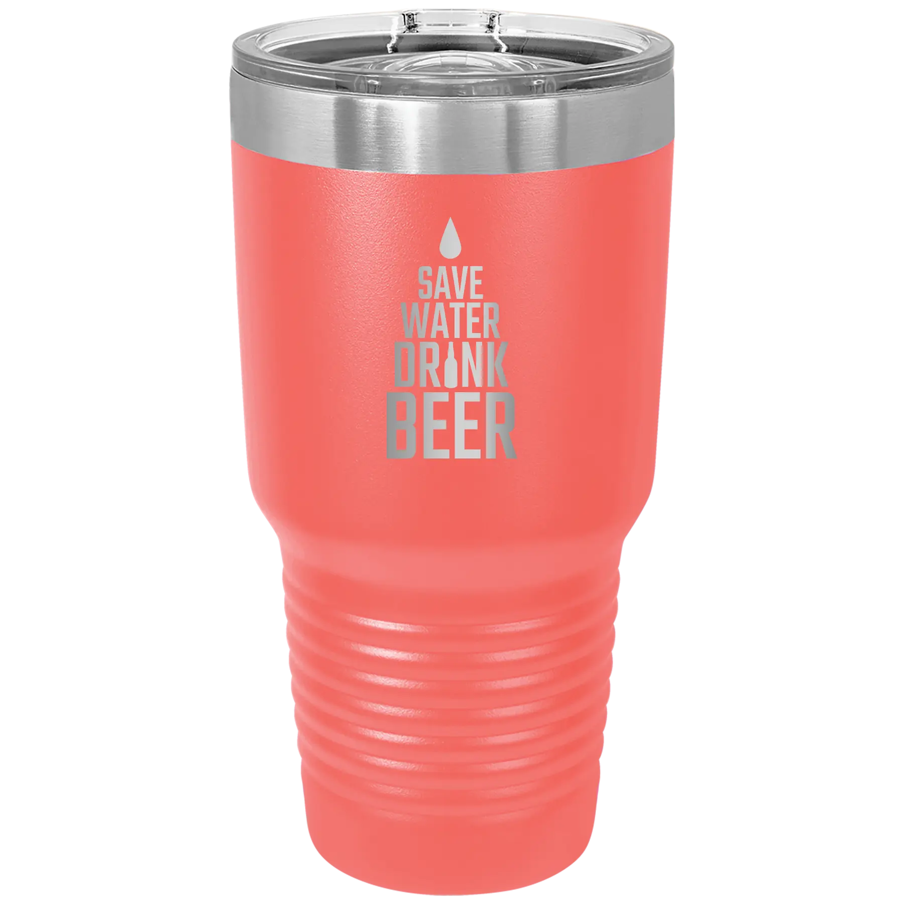 Laser etched coral 30 oz vacuum insulated tumbler with 'Save Water Drink Beer' design