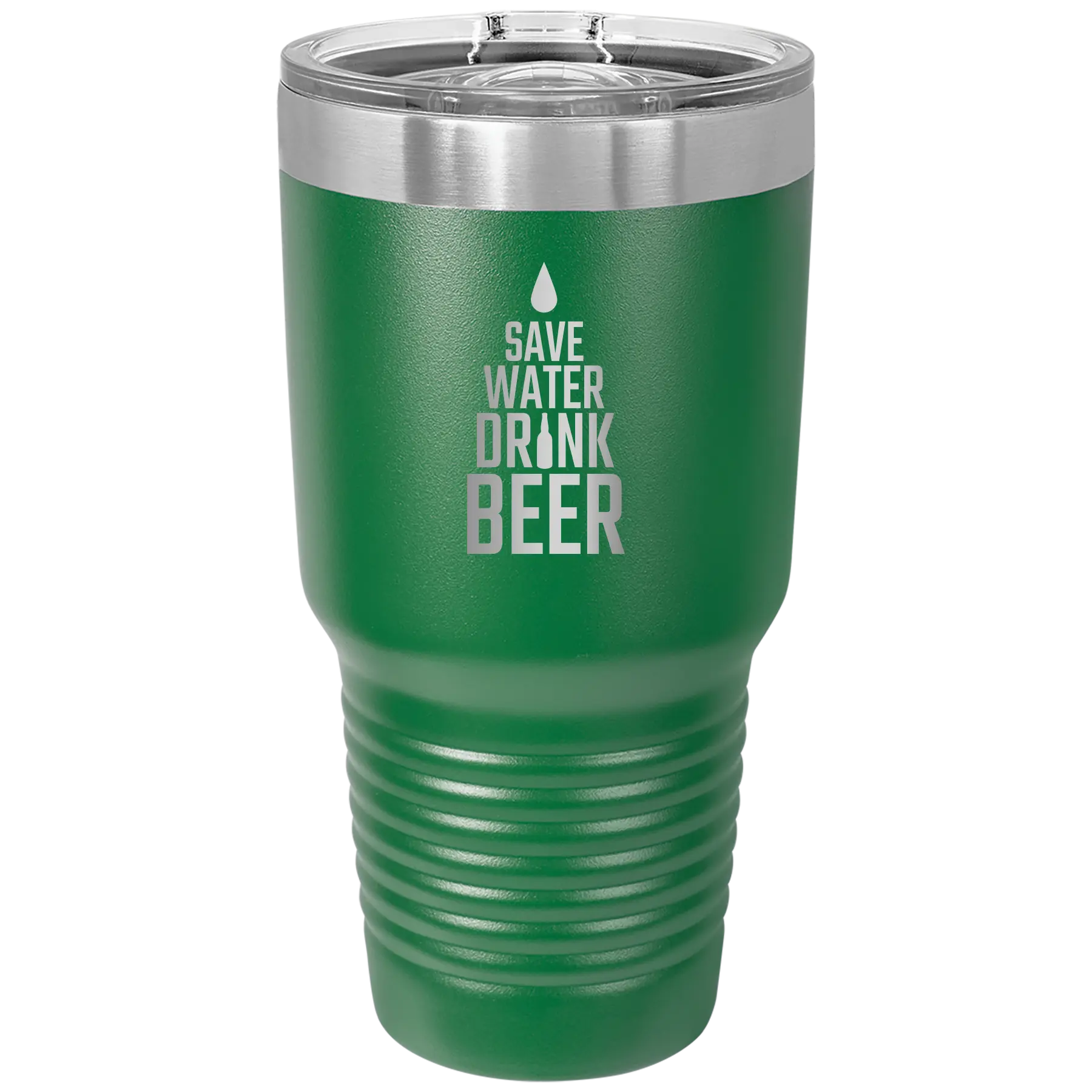 Laser etched green 30 oz vacuum insulated tumbler with 'Save Water Drink Beer' design