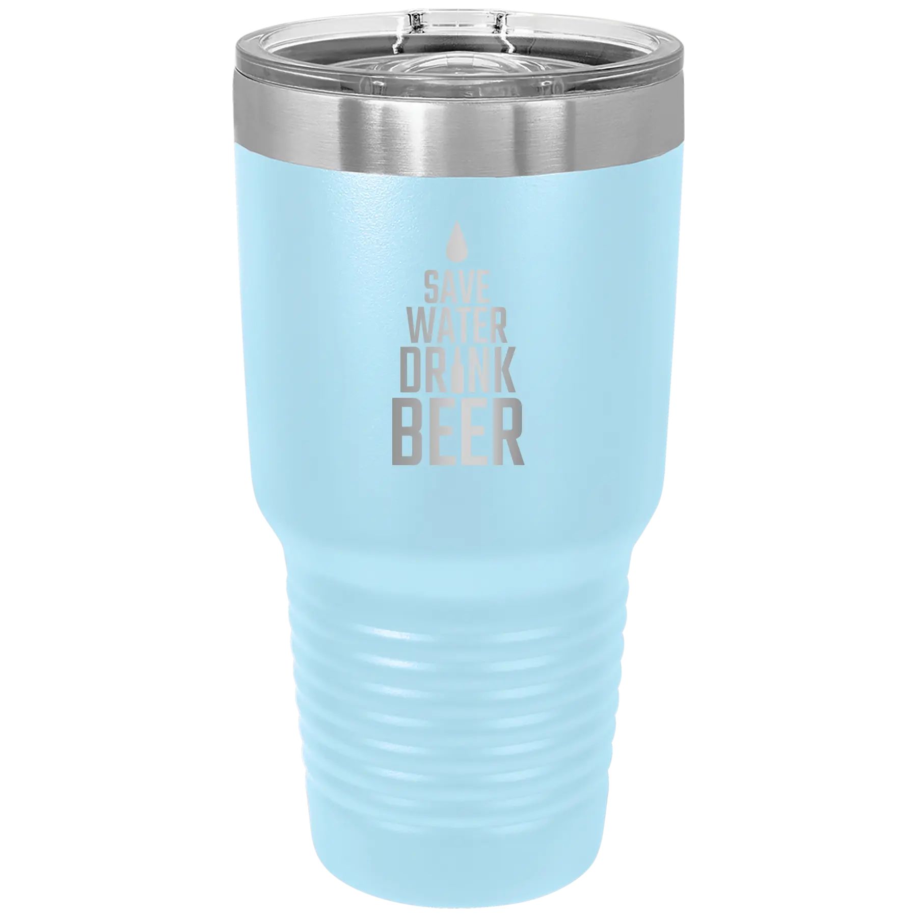 Laser etched light blue 30 oz vacuum insulated tumbler with 'Save Water Drink Beer' design