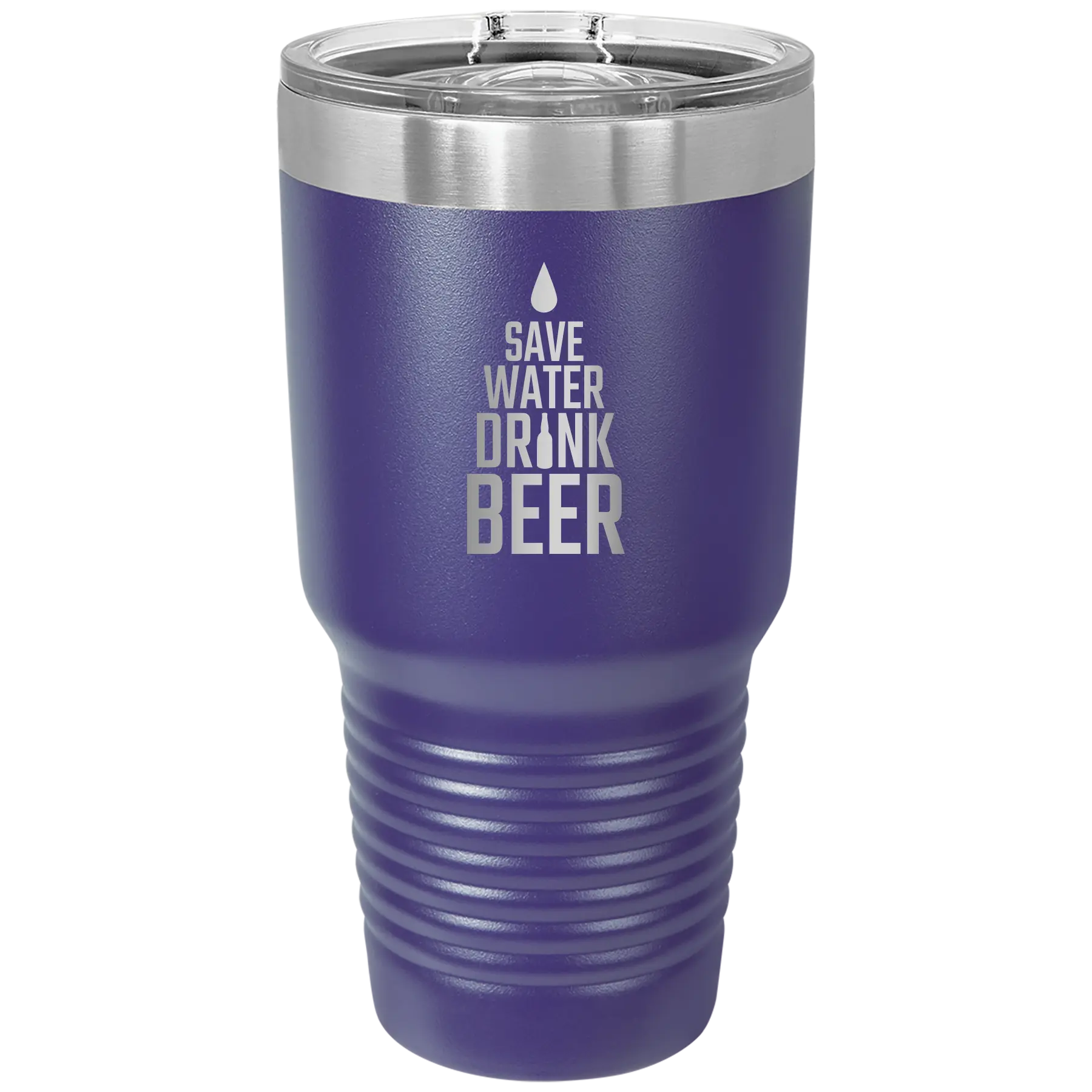 Laser etched purple 30 oz vacuum insulated tumbler with 'Save Water Drink Beer' design