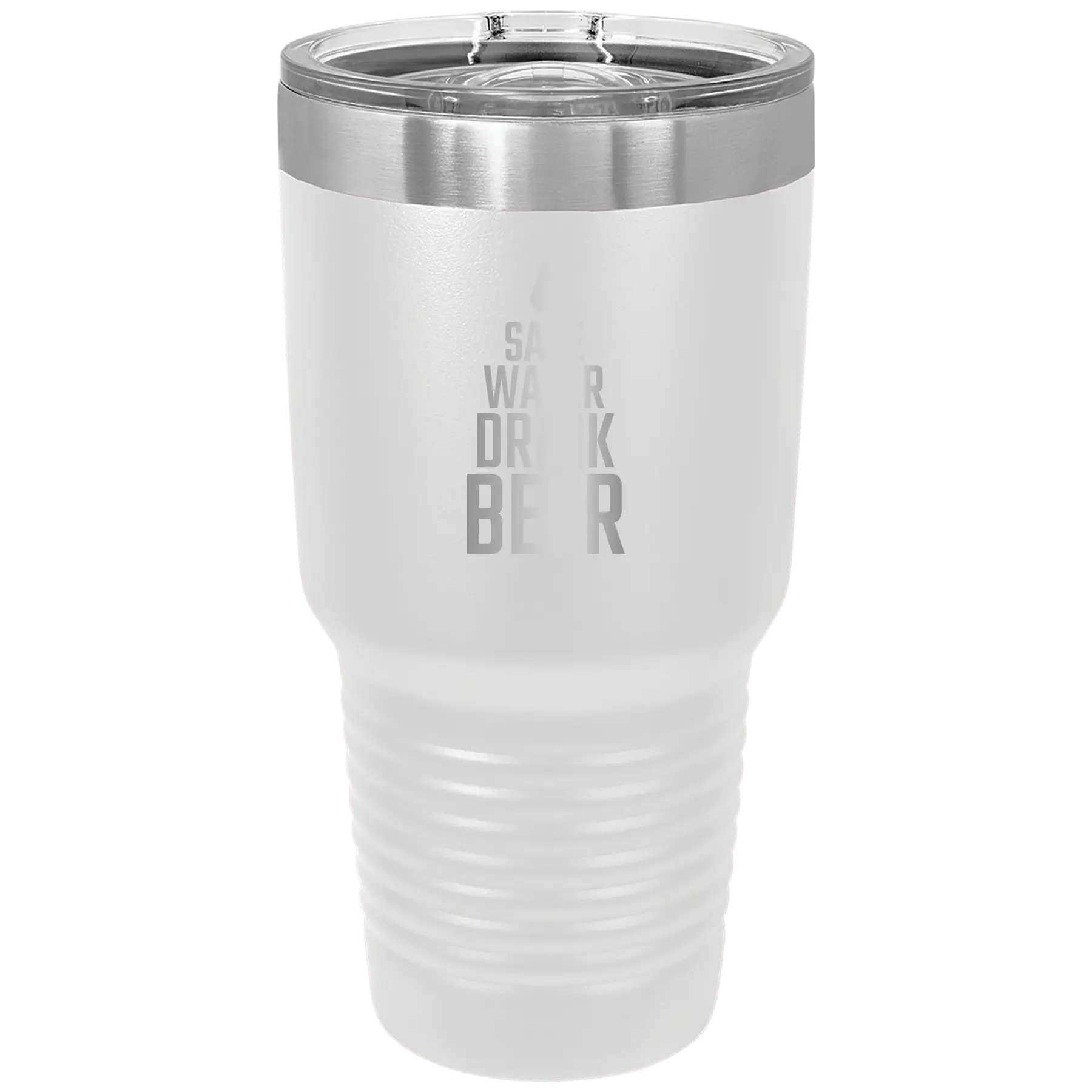 Laser etched white 30 oz vacuum insulated tumbler with 'Save Water Drink Beer' design