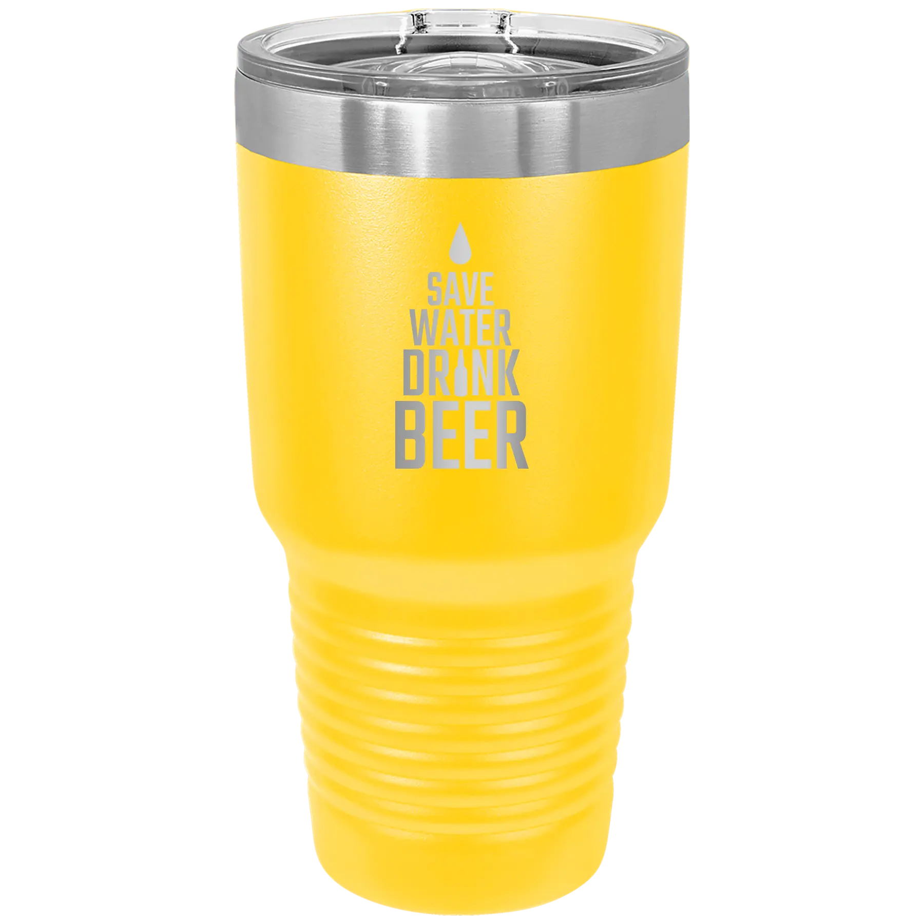 Laser etched yellow 30 oz vacuum insulated tumbler with 'Save Water Drink Beer' design