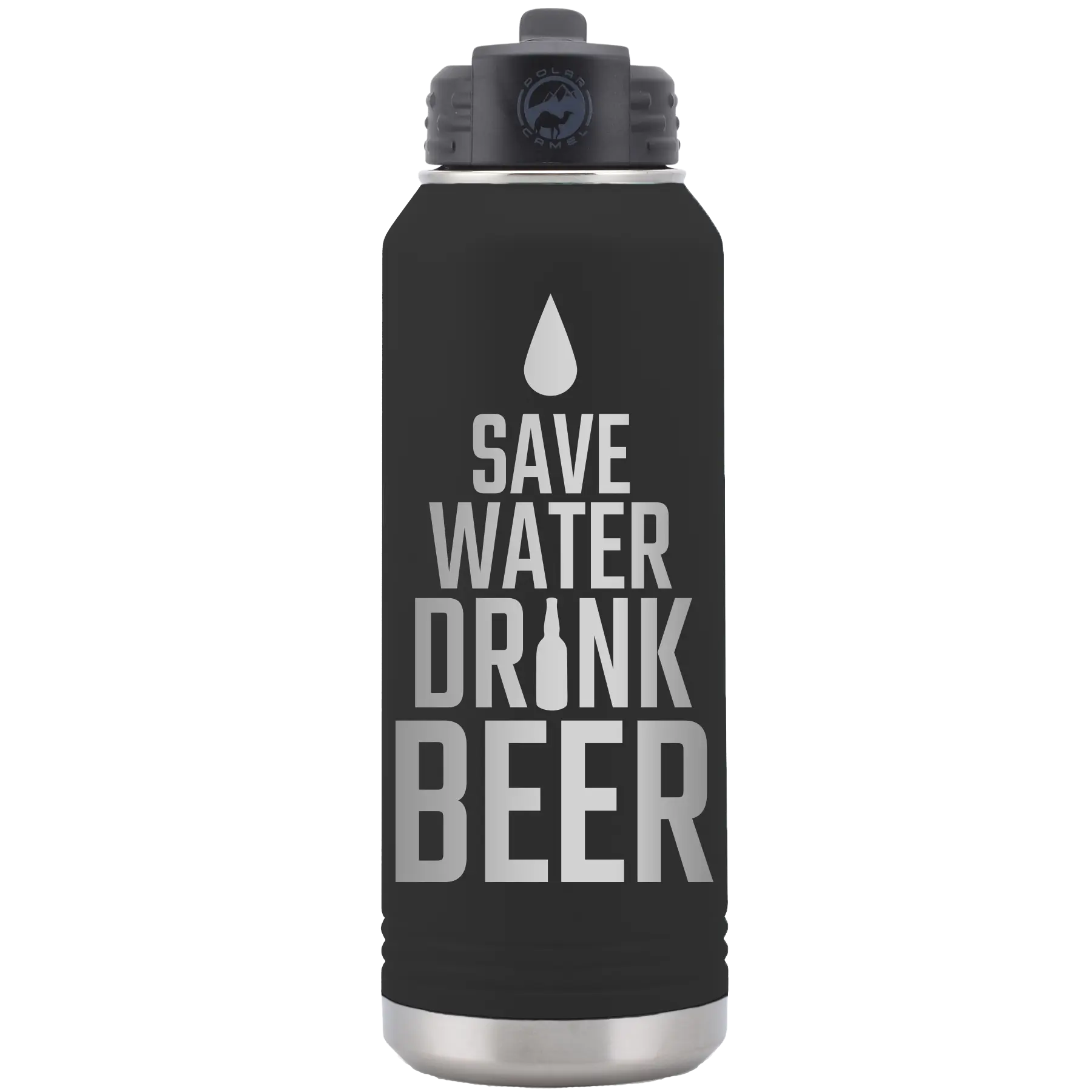 Laser etched black 32 oz vacuum insulated water bottle with 'Save Water Drink Beer' design