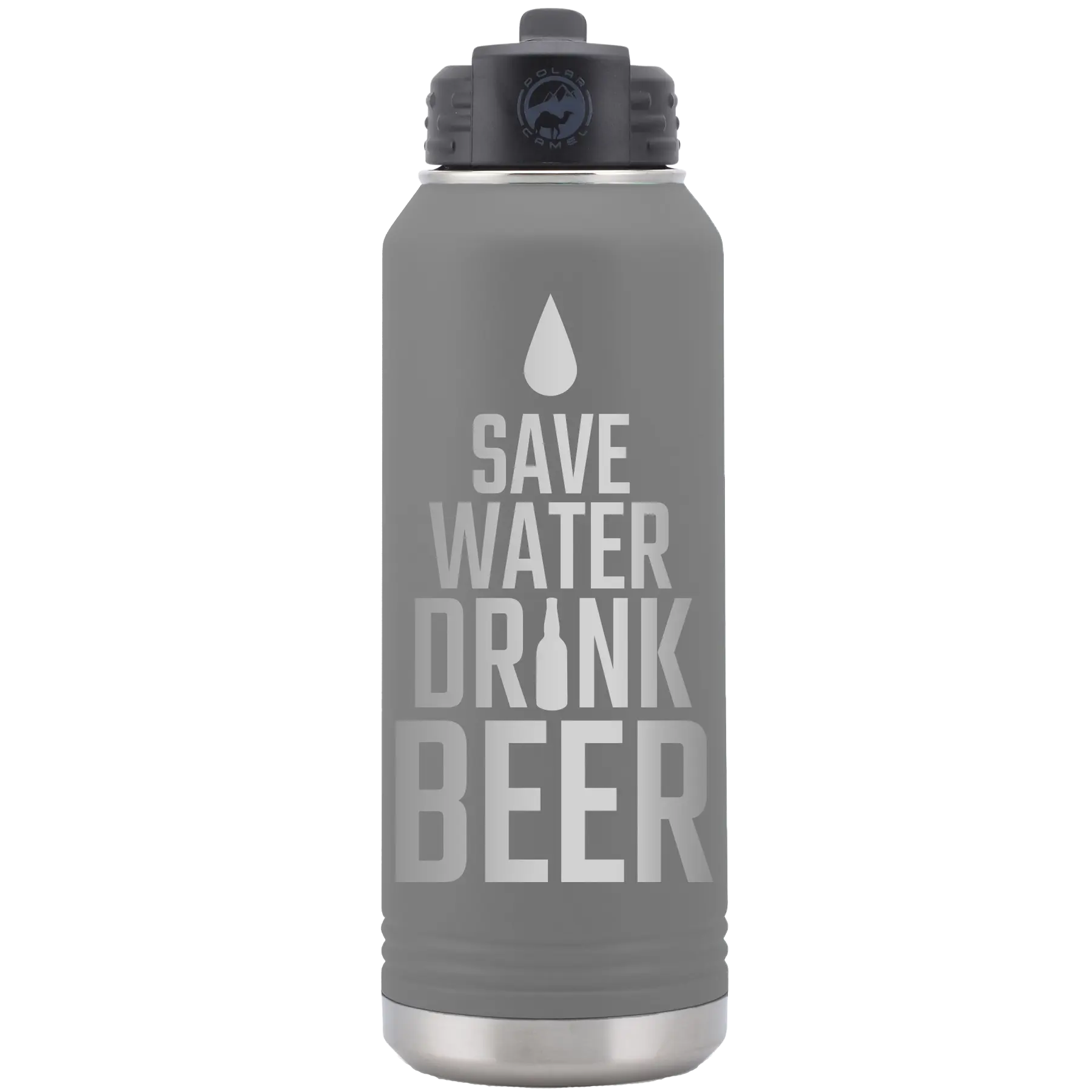 Laser etched dark gray 32 oz vacuum insulated water bottle with 'Save Water Drink Beer' design