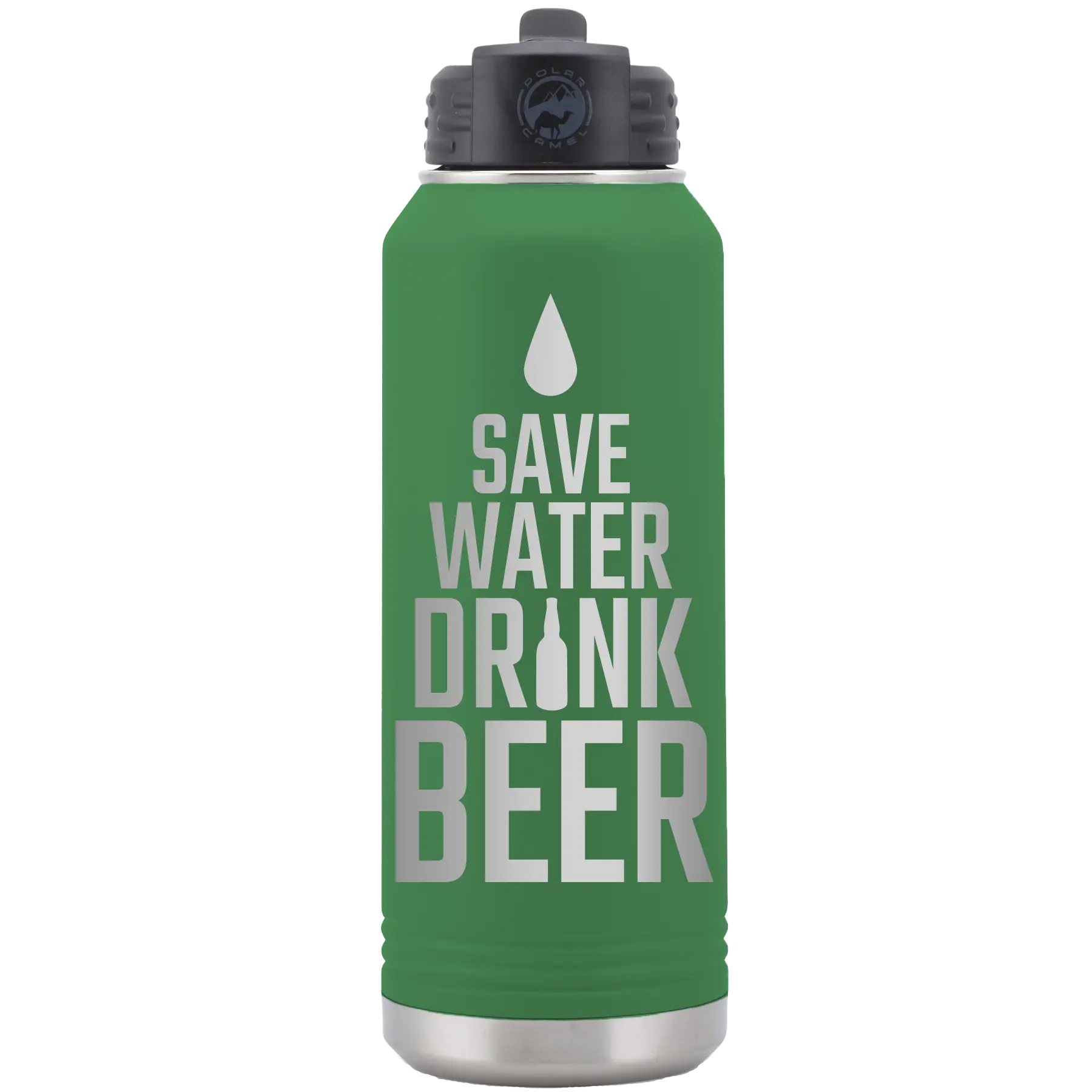 Laser etched green 32 oz vacuum insulated water bottle with 'Save Water Drink Beer' design
