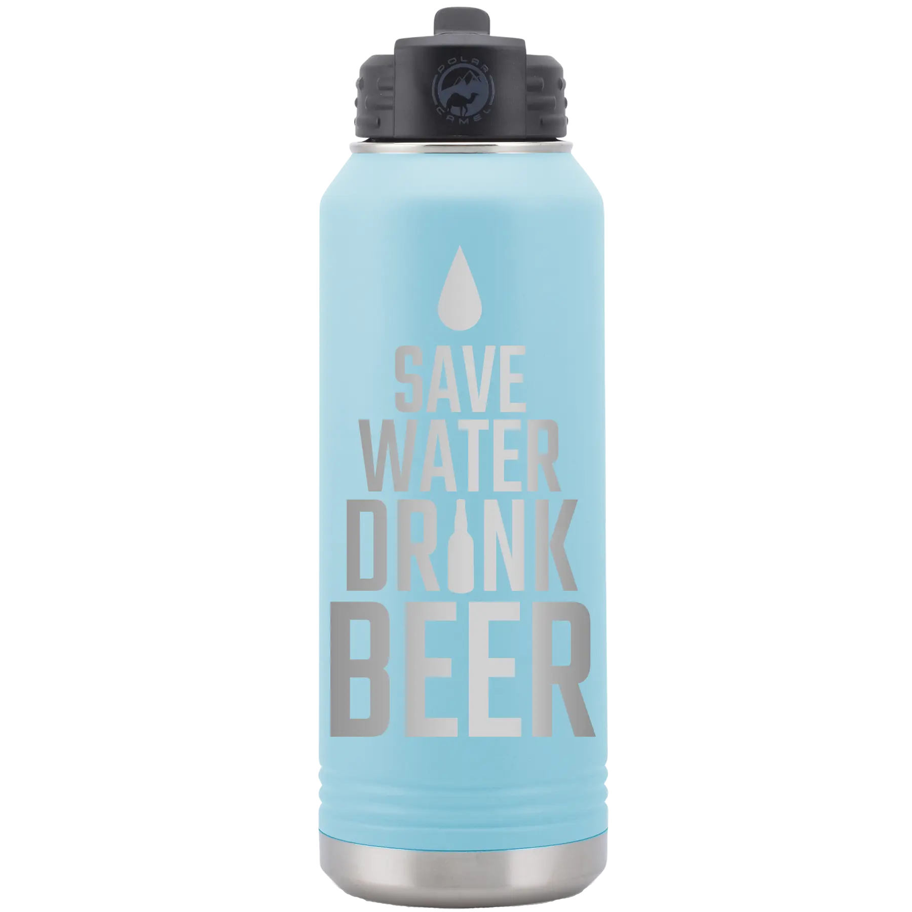 Laser etched light blue 32 oz vacuum insulated water bottle with 'Save Water Drink Beer' design