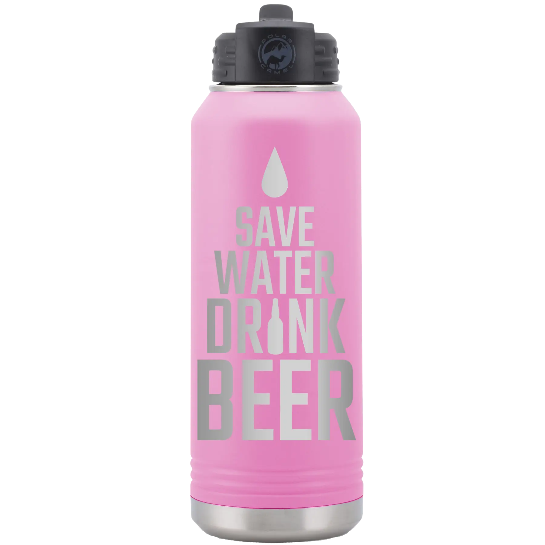 Laser etched light purple 32 oz vacuum insulated water bottle with 'Save Water Drink Beer' design