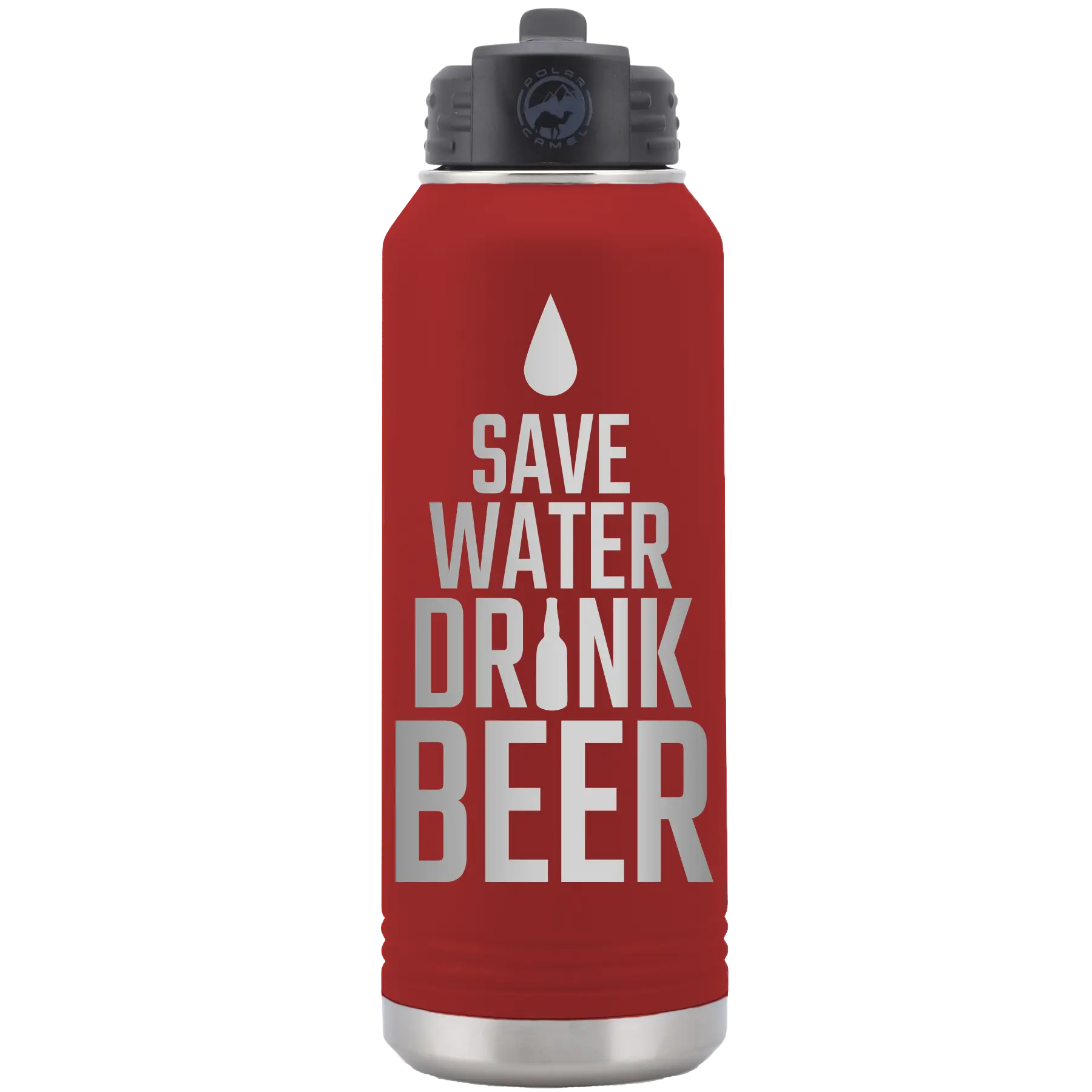 Laser etched maroon 32 oz vacuum insulated water bottle with 'Save Water Drink Beer' design