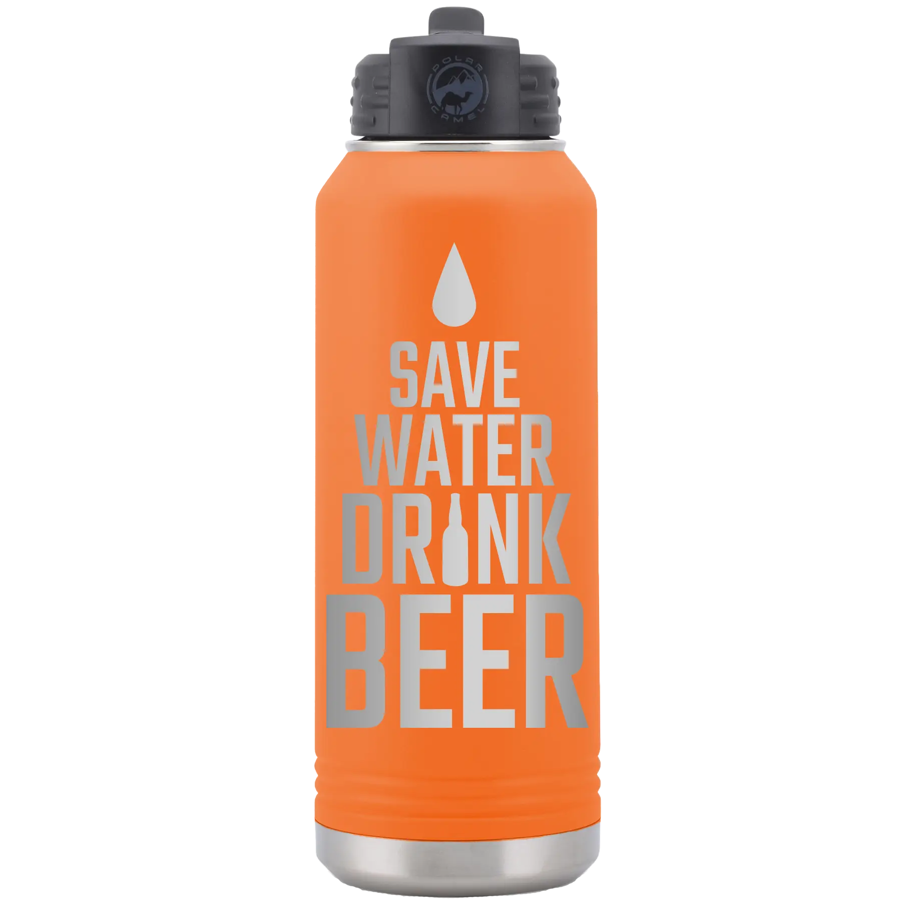 Laser etched orange 32 oz vacuum insulated water bottle with 'Save Water Drink Beer' design