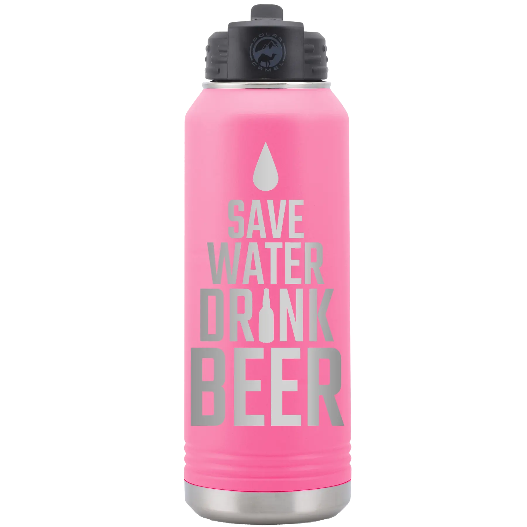 Laser etched pink 32 oz vacuum insulated water bottle with 'Save Water Drink Beer' design