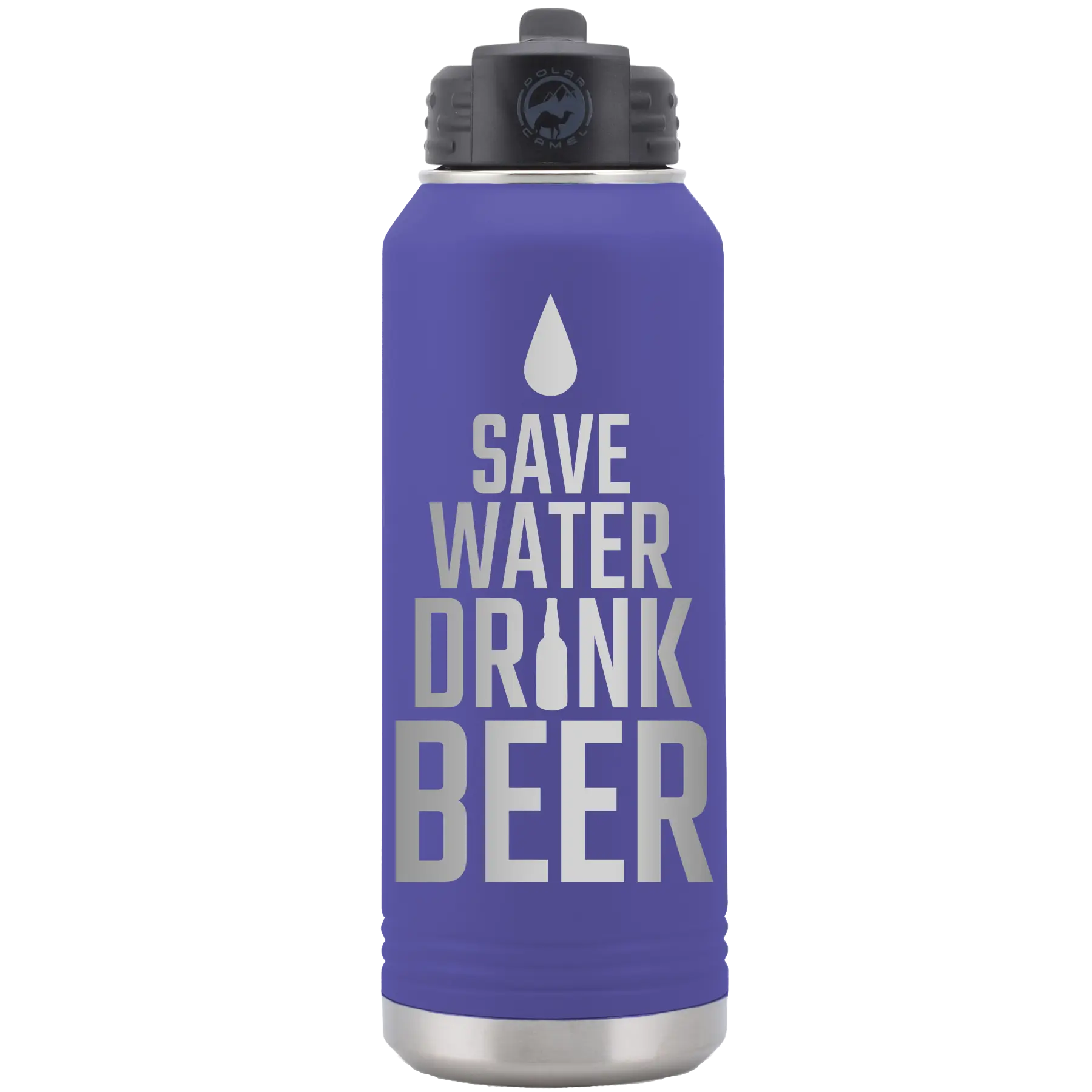 Laser etched purple 32 oz vacuum insulated water bottle with 'Save Water Drink Beer' design