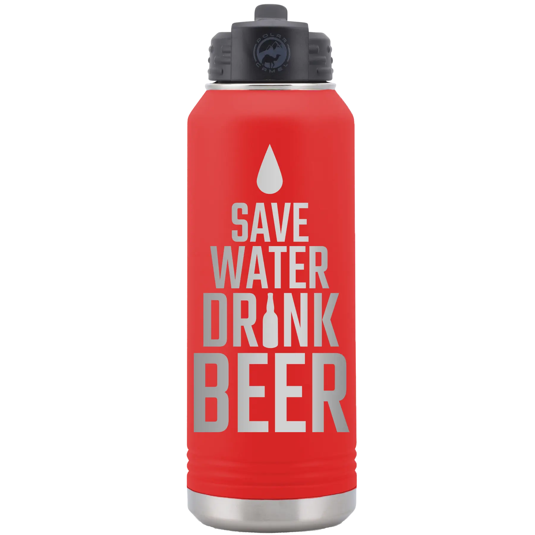 Laser etched red 32 oz vacuum insulated water bottle with 'Save Water Drink Beer' design