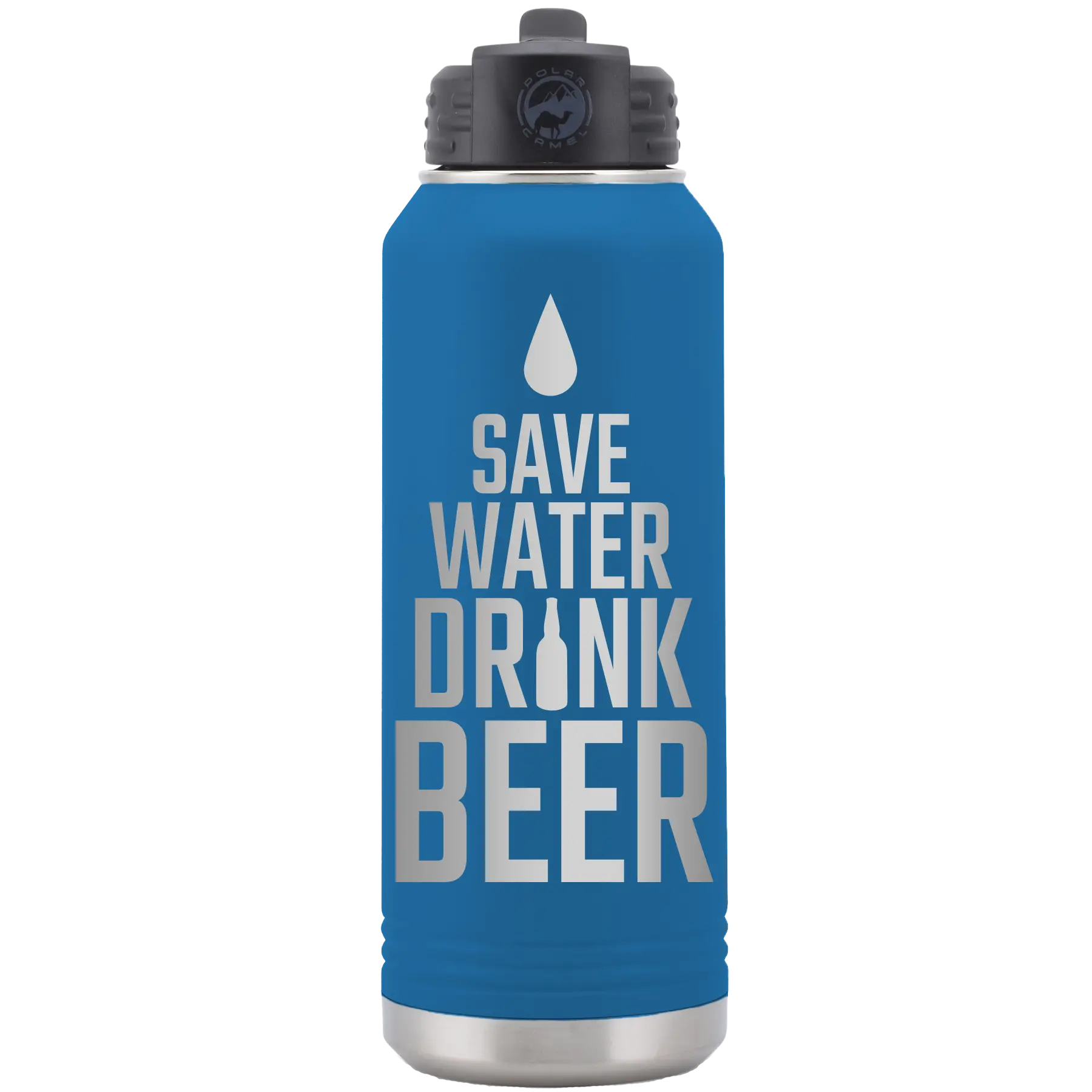 Laser etched royal blue 32 oz vacuum insulated water bottle with 'Save Water Drink Beer' design