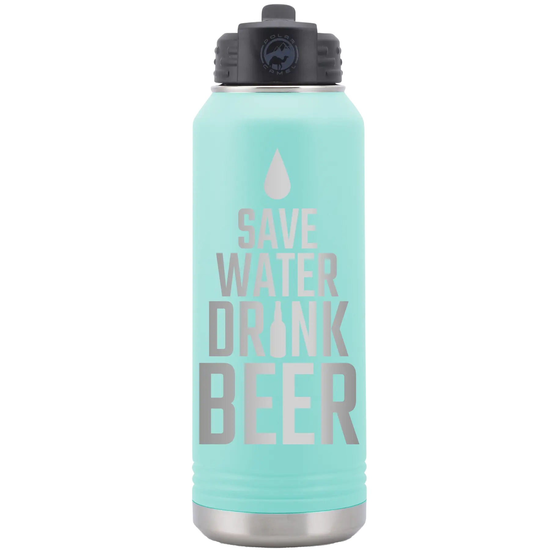 Laser etched teal 32 oz vacuum insulated water bottle with 'Save Water Drink Beer' design