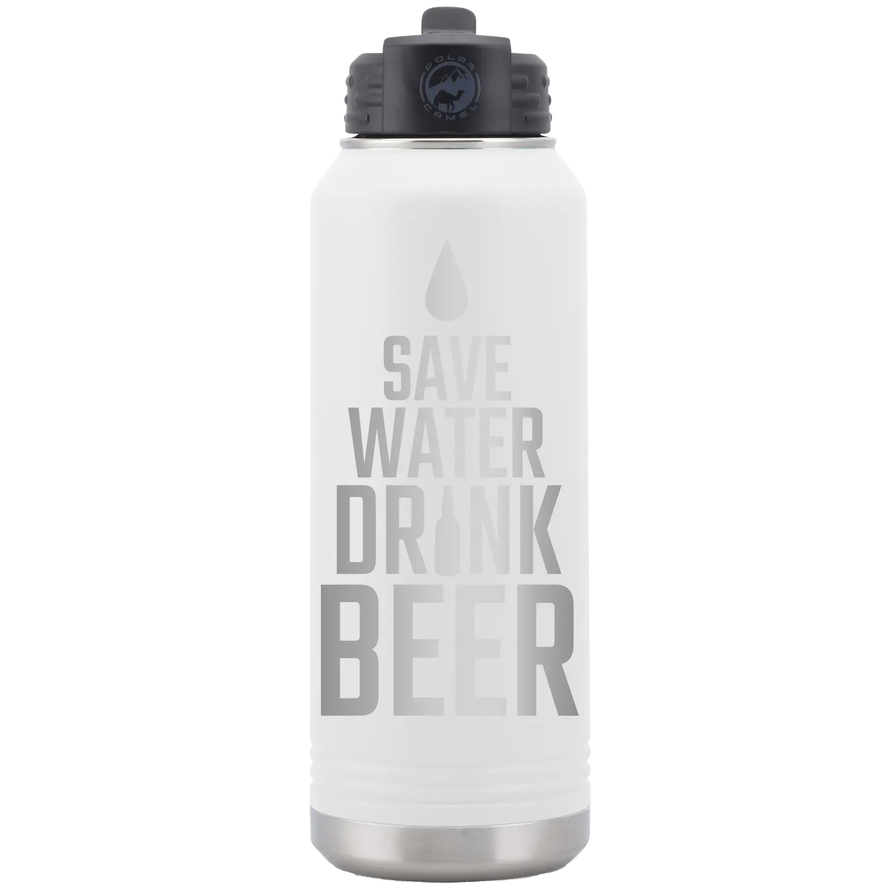 Laser etched white 32 oz vacuum insulated water bottle with 'Save Water Drink Beer' design