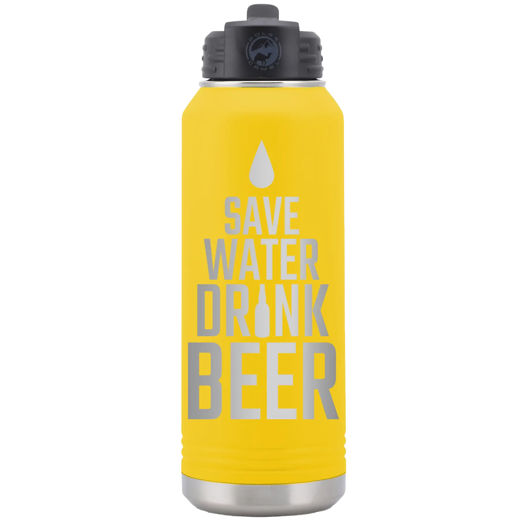 Laser etched yellow 32 oz vacuum insulated water bottle with 'Save Water Drink Beer' design