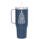 Laser etched constellation 40 oz vacuum insulated tumbler mug with 'Save Water Drink Beer' design