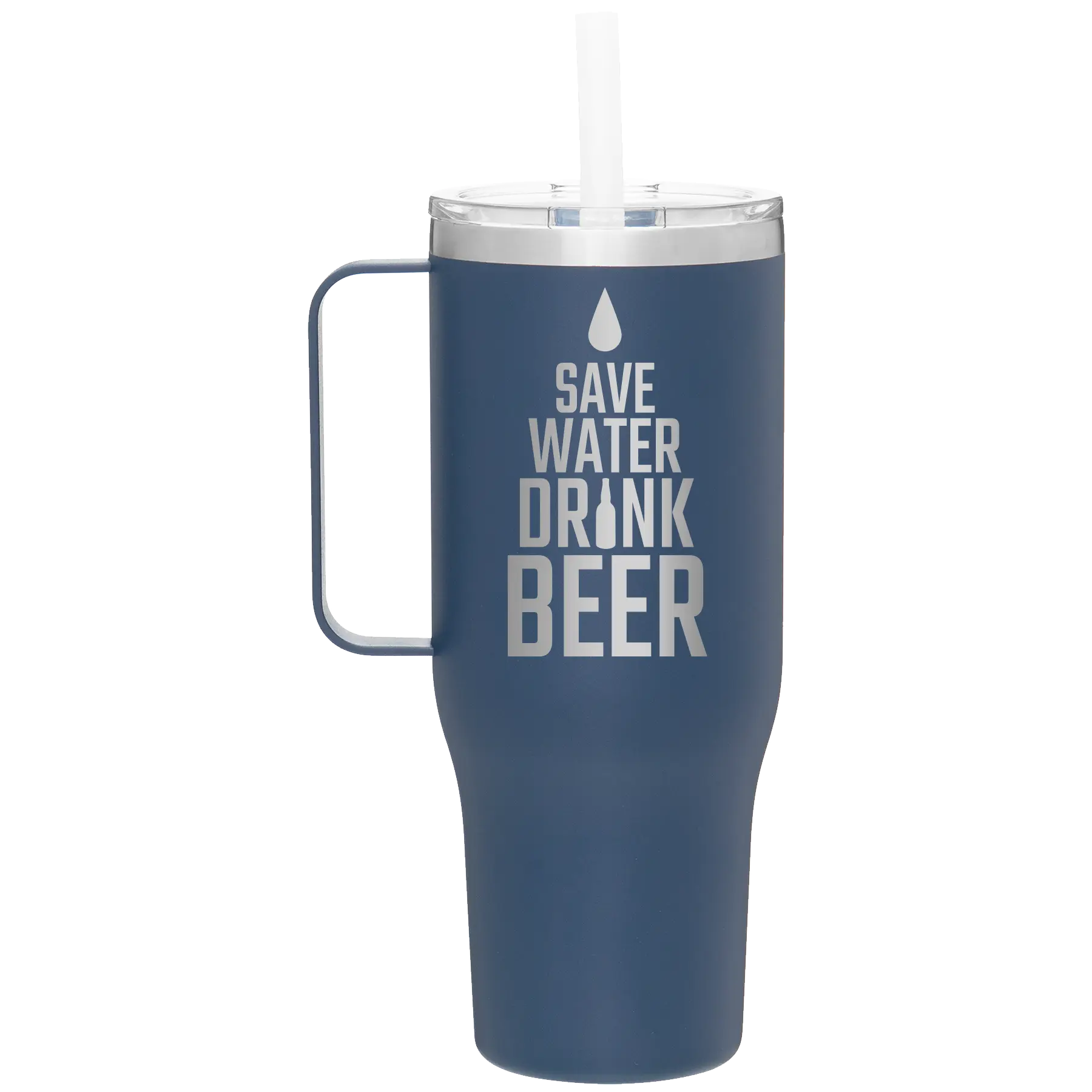Laser etched constellation 40 oz vacuum insulated tumbler mug with 'Save Water Drink Beer' design