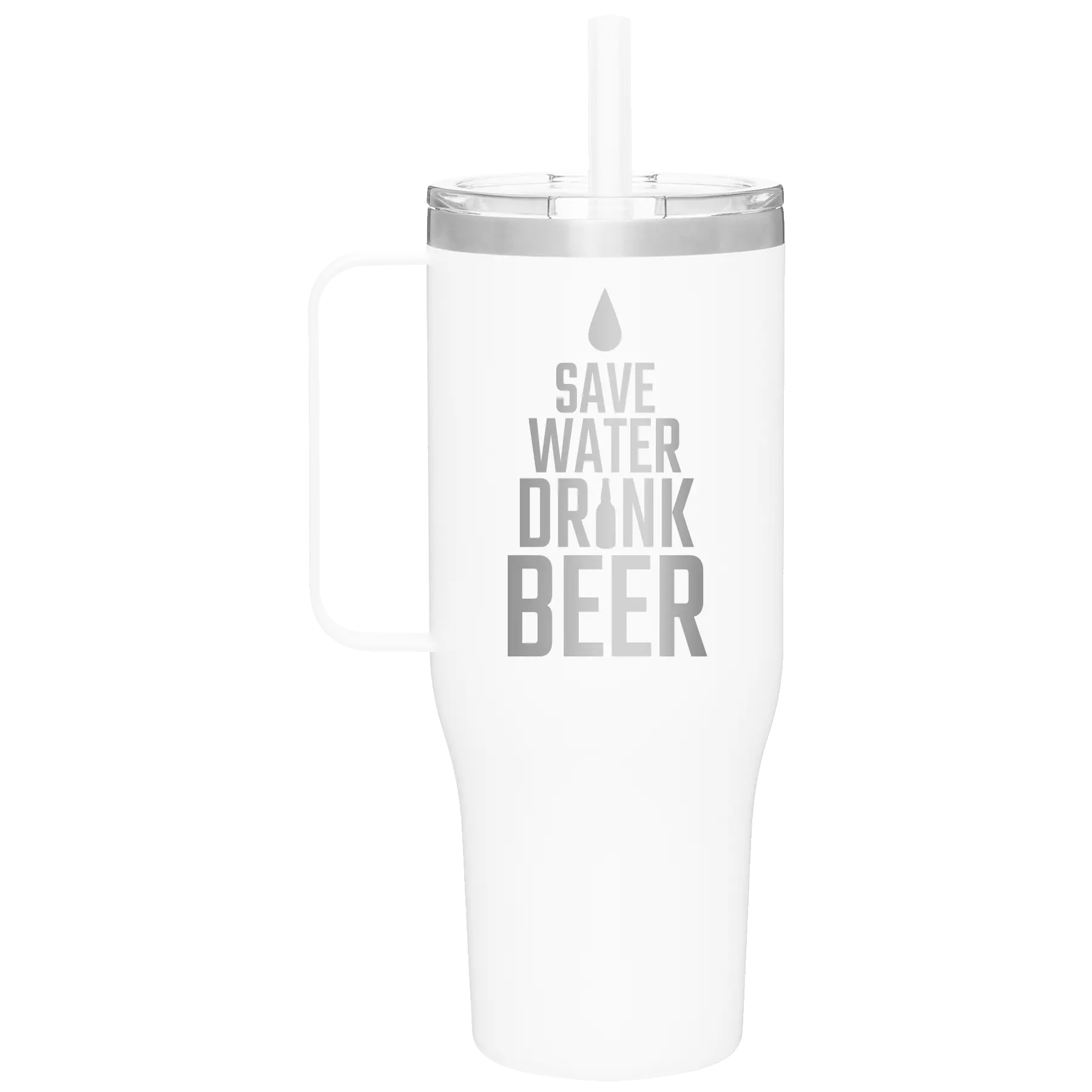 Laser etched white 40 oz vacuum insulated tumbler mug with 'Save Water Drink Beer' design