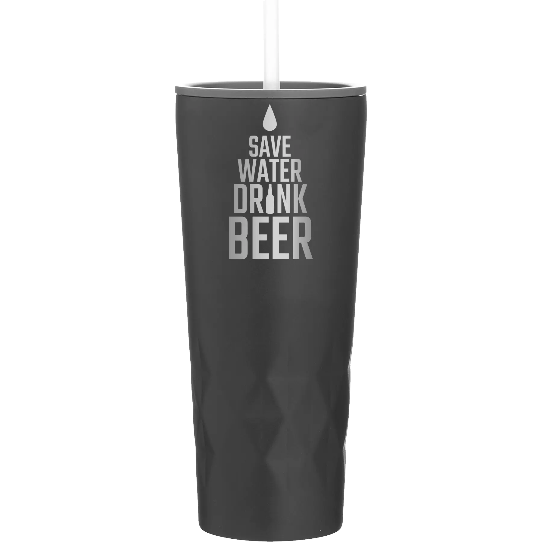 Laser etched black 20 oz vacuum insulated tumbler with 'Save Water Drink Beer' design