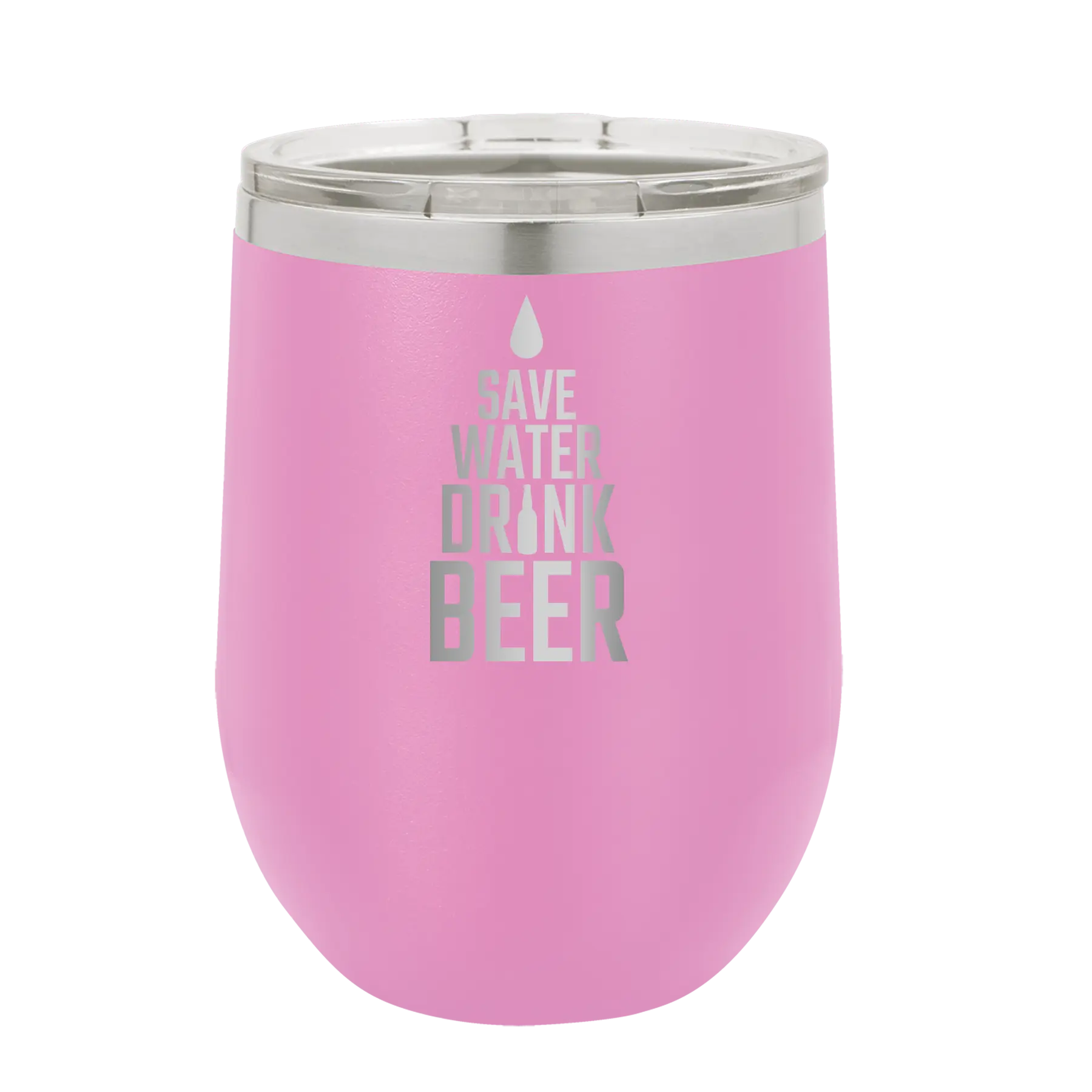 Laser etched light purple 12 oz vacuum insulated wine cup with 'Save Water Drink Beer' design