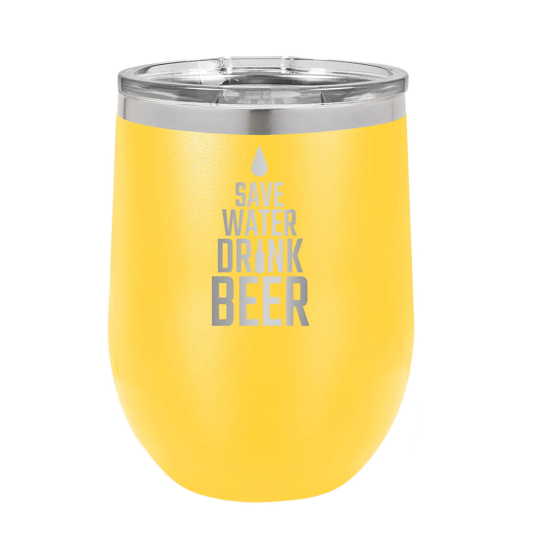 Laser etched yellow 12 oz vacuum insulated wine cup with 'Save Water Drink Beer' design