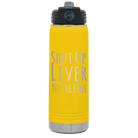 Laser etched yellow 20 oz vacuum insulated water bottle with 'Shut Up Liver' design