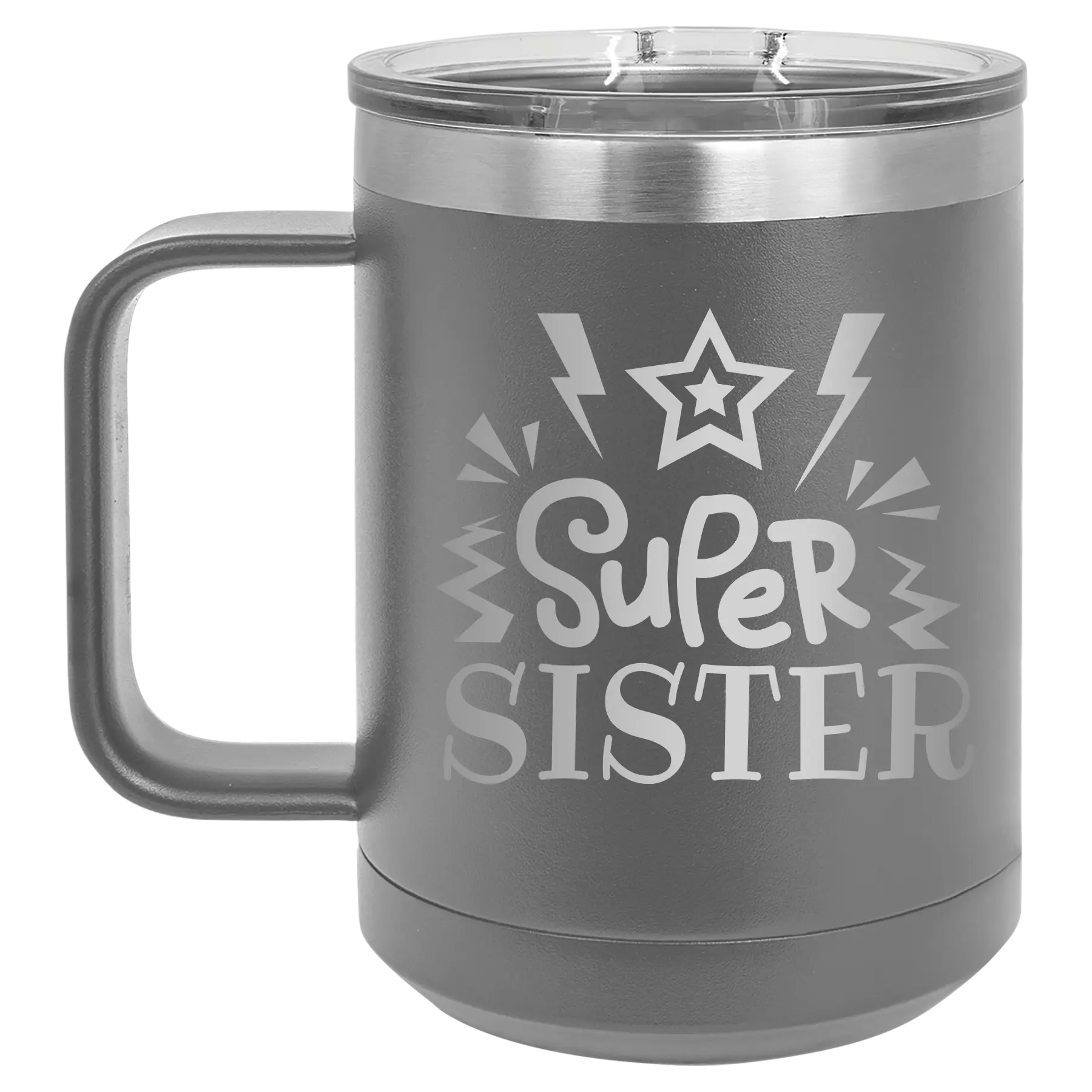 Laser etched dark gray 15 oz vacuum insulated coffee mug with 'Super Sister' design