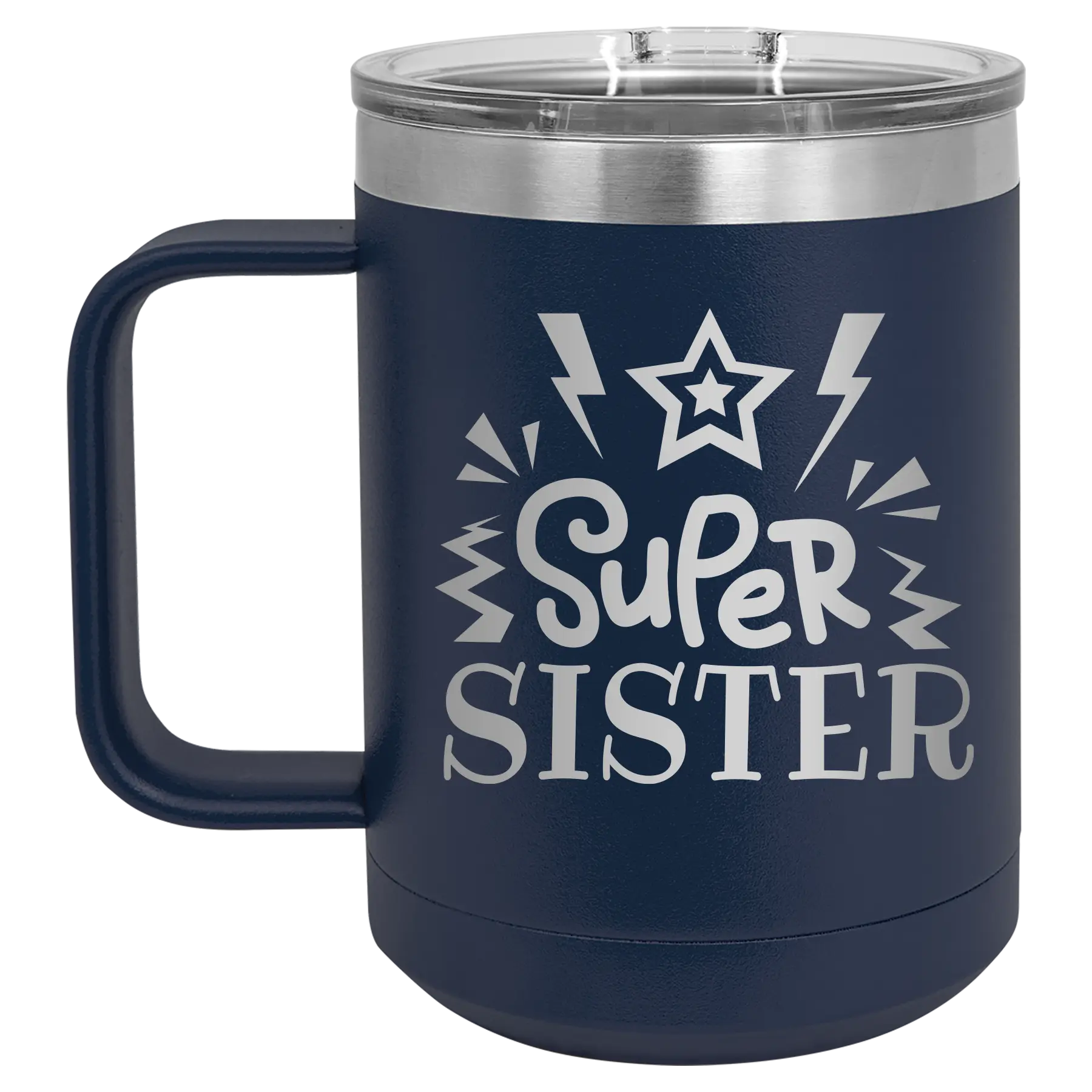 Laser etched navy 15 oz vacuum insulated coffee mug with 'Super Sister' design
