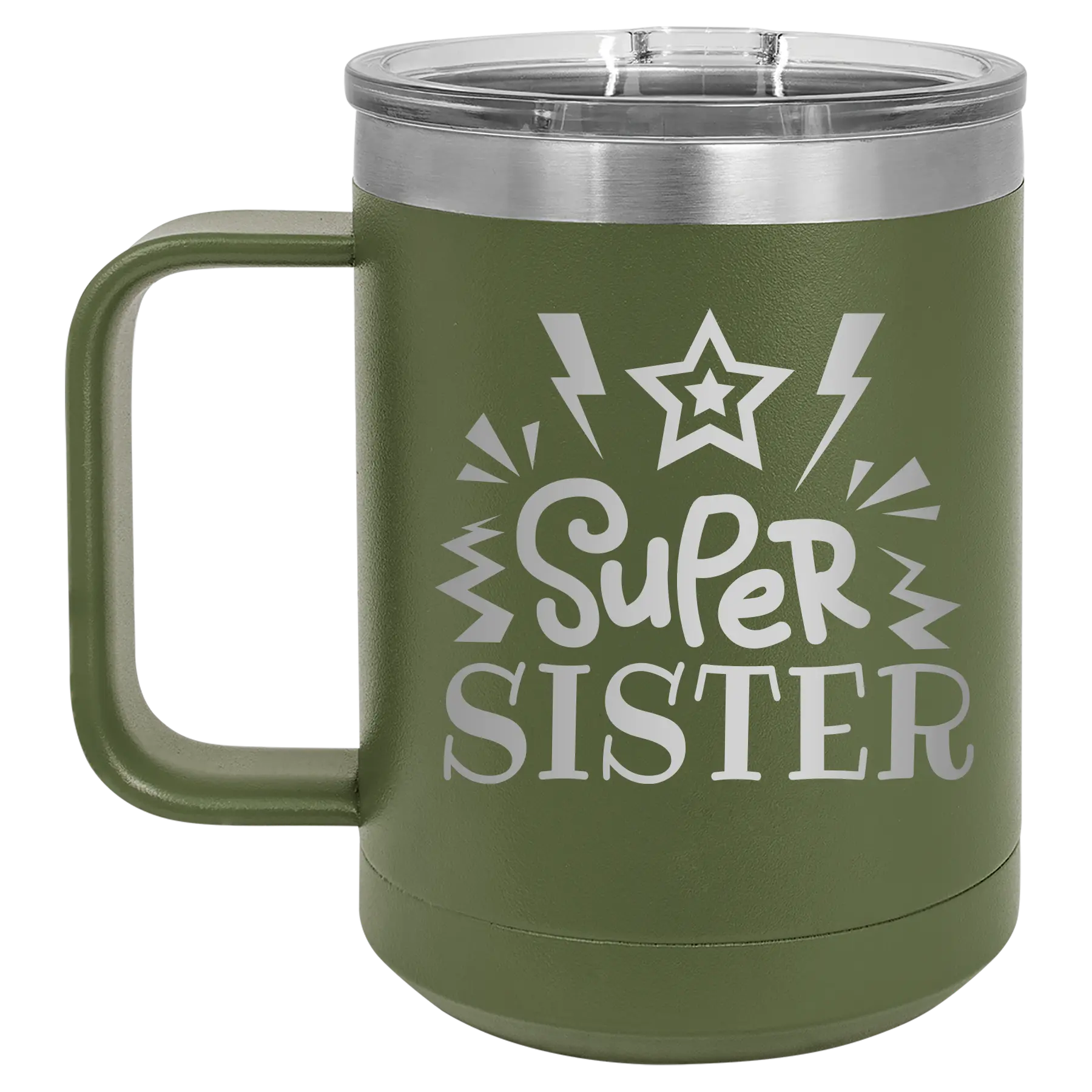 Laser etched olive green 15 oz vacuum insulated coffee mug with 'Super Sister' design