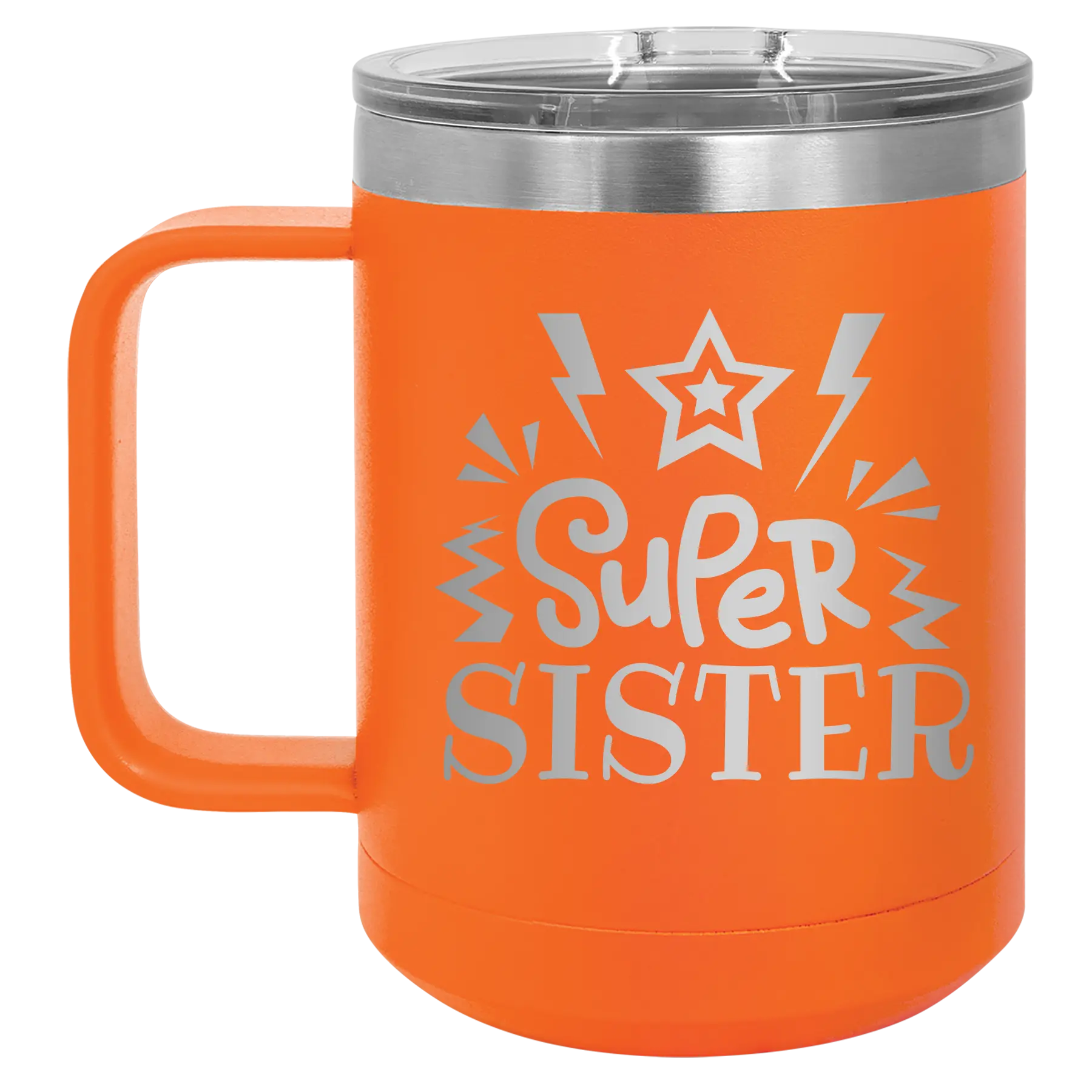 Laser etched orange 15 oz vacuum insulated coffee mug with 'Super Sister' design