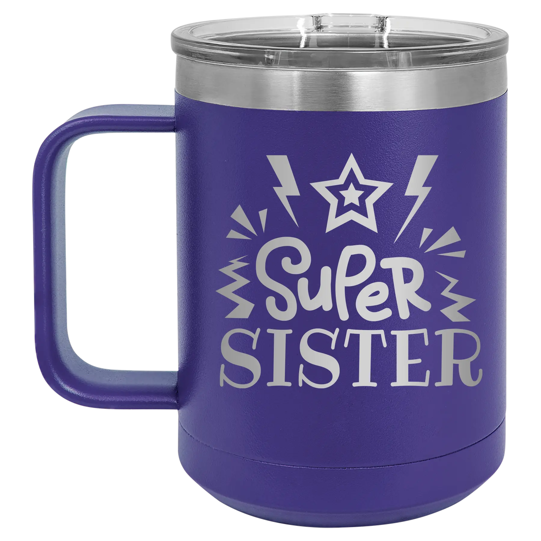 Laser etched purple 15 oz vacuum insulated coffee mug with 'Super Sister' design