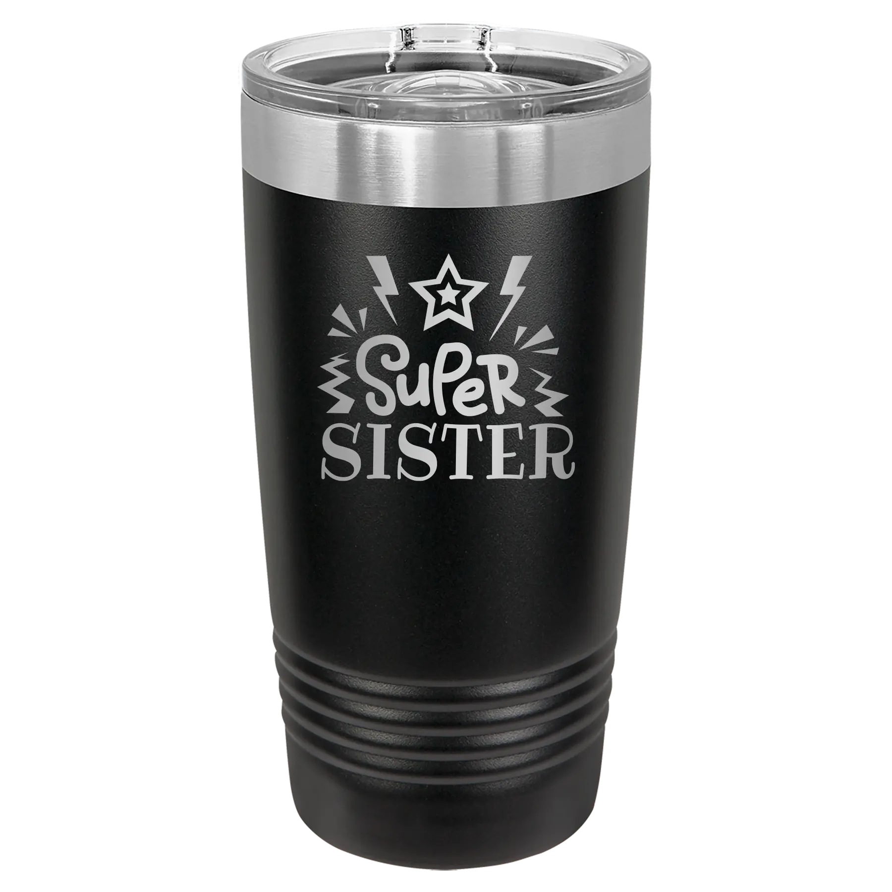 Laser etched black 20 oz vacuum insulated tumbler with 'Super Sister' design