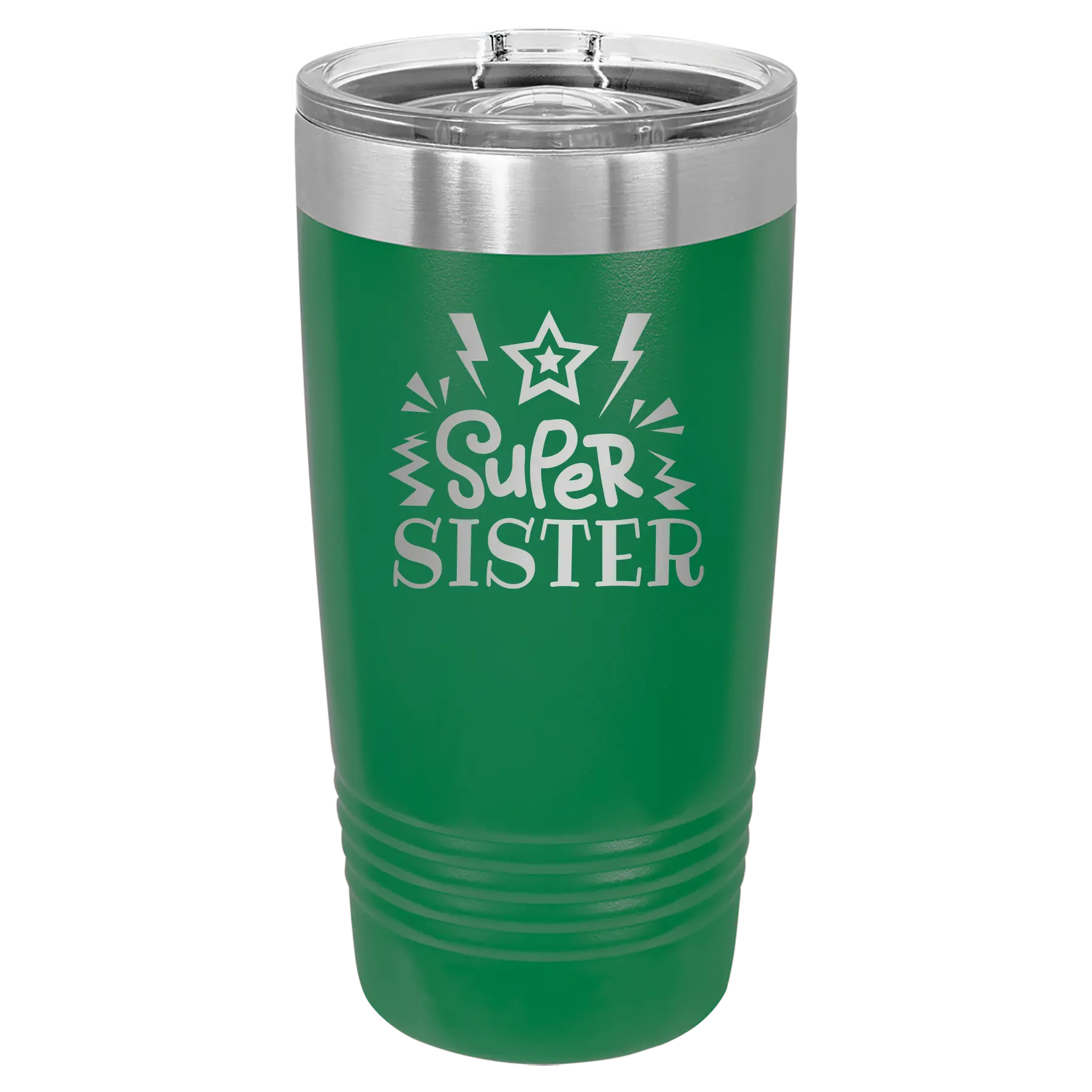 Laser etched green 20 oz vacuum insulated tumbler with 'Super Sister' design