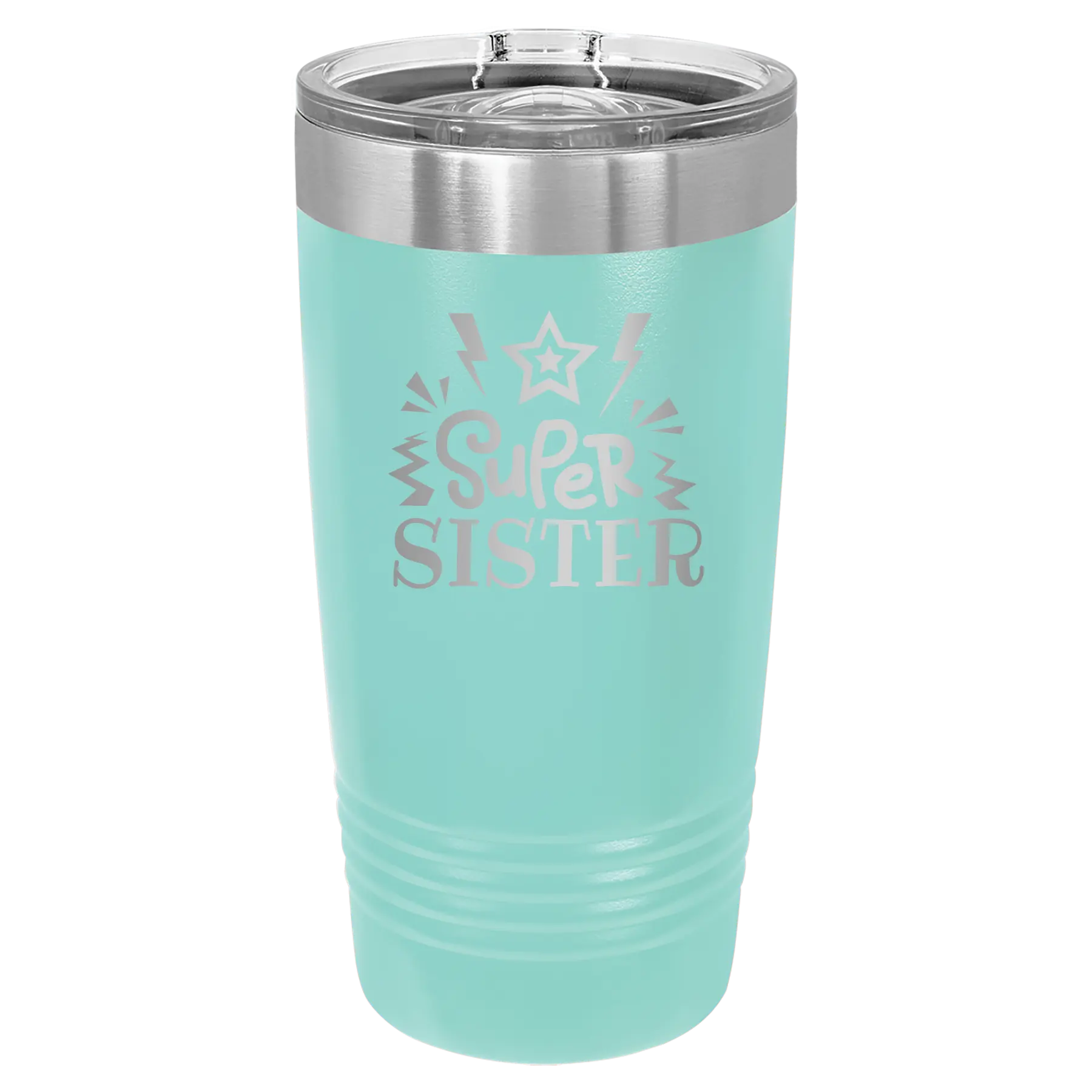 Laser etched teal 20 oz vacuum insulated tumbler with 'Super Sister' design