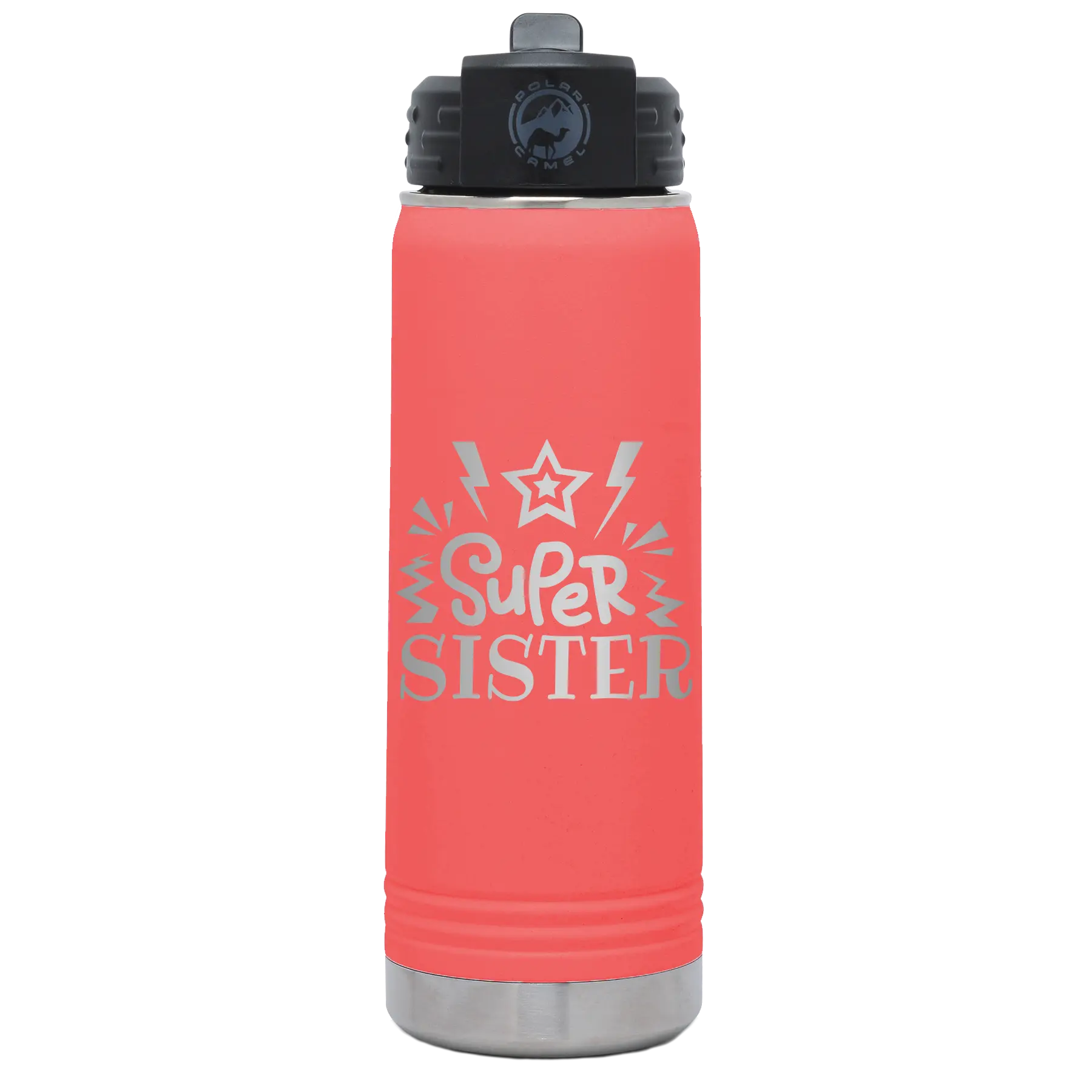 Laser etched coral 20 oz vacuum insulated water bottle with 'Super Sister' design
