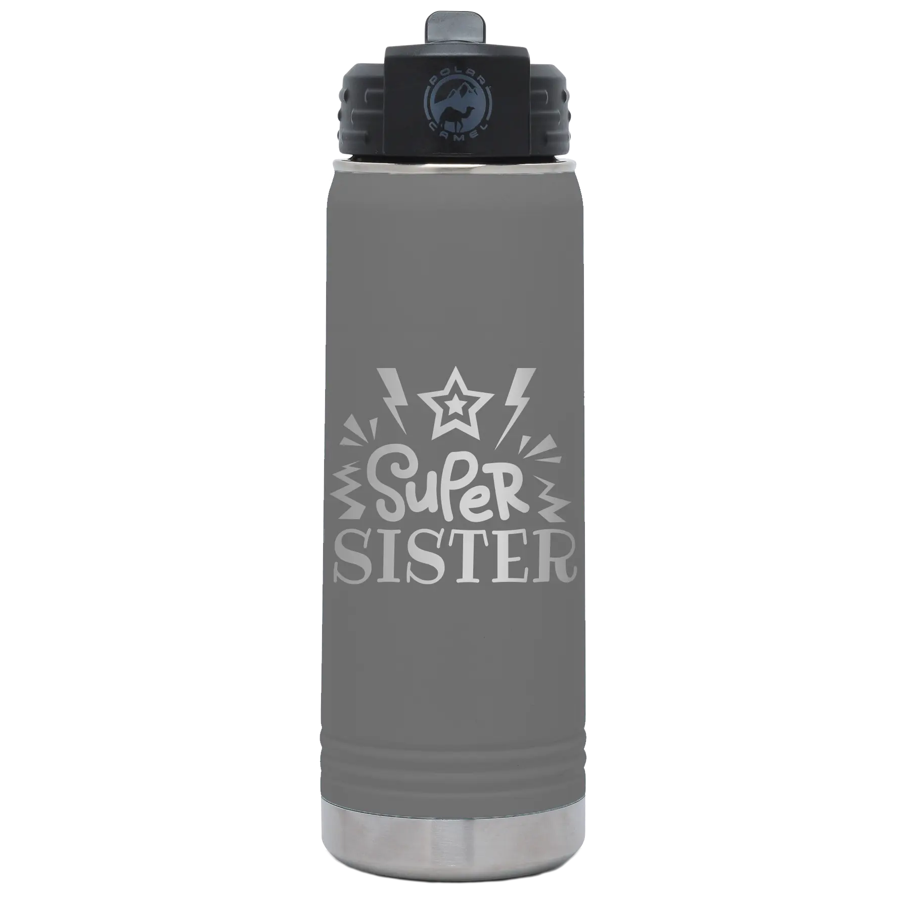 Laser etched dark gray 20 oz vacuum insulated water bottle with 'Super Sister' design