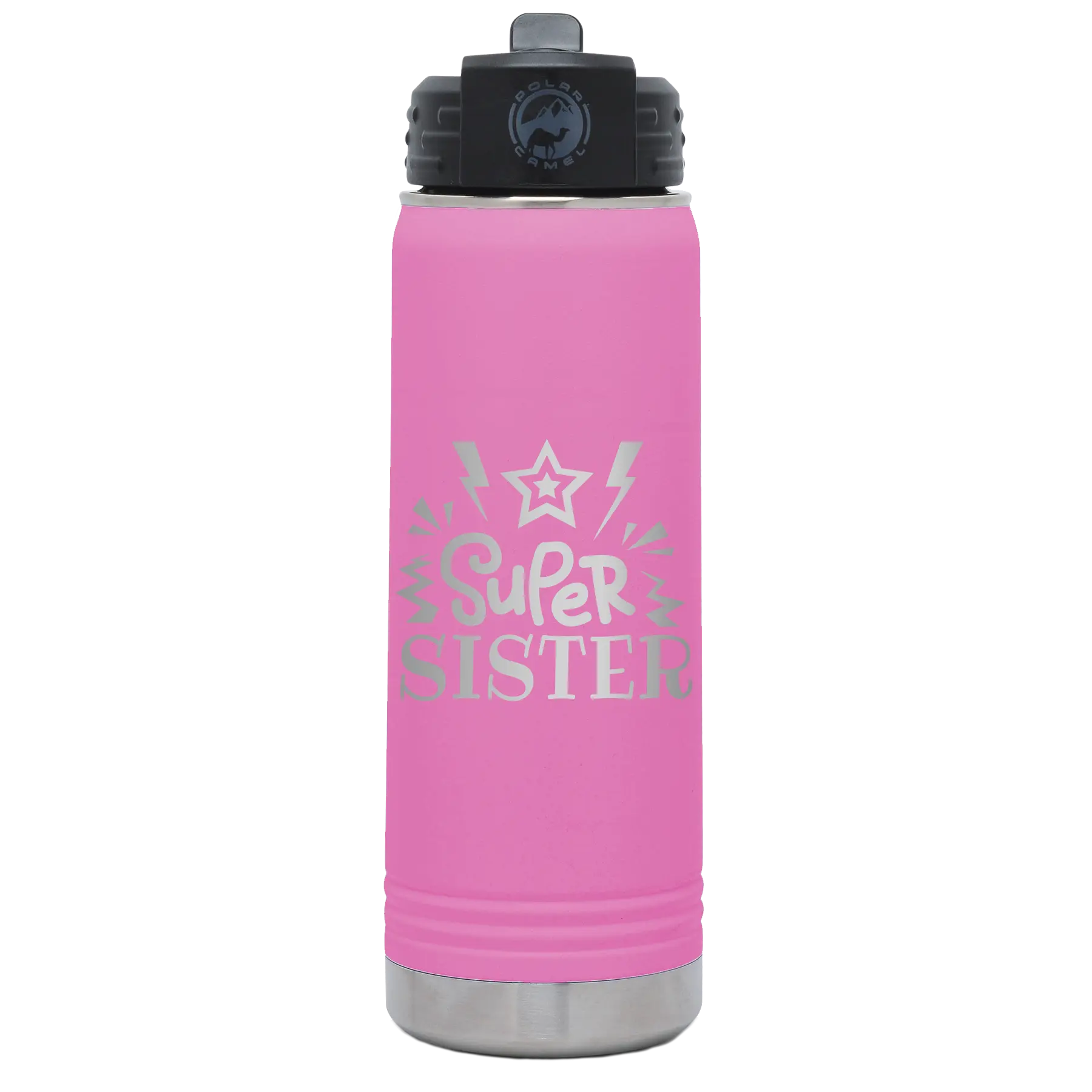 Laser etched light purple 20 oz vacuum insulated water bottle with 'Super Sister' design