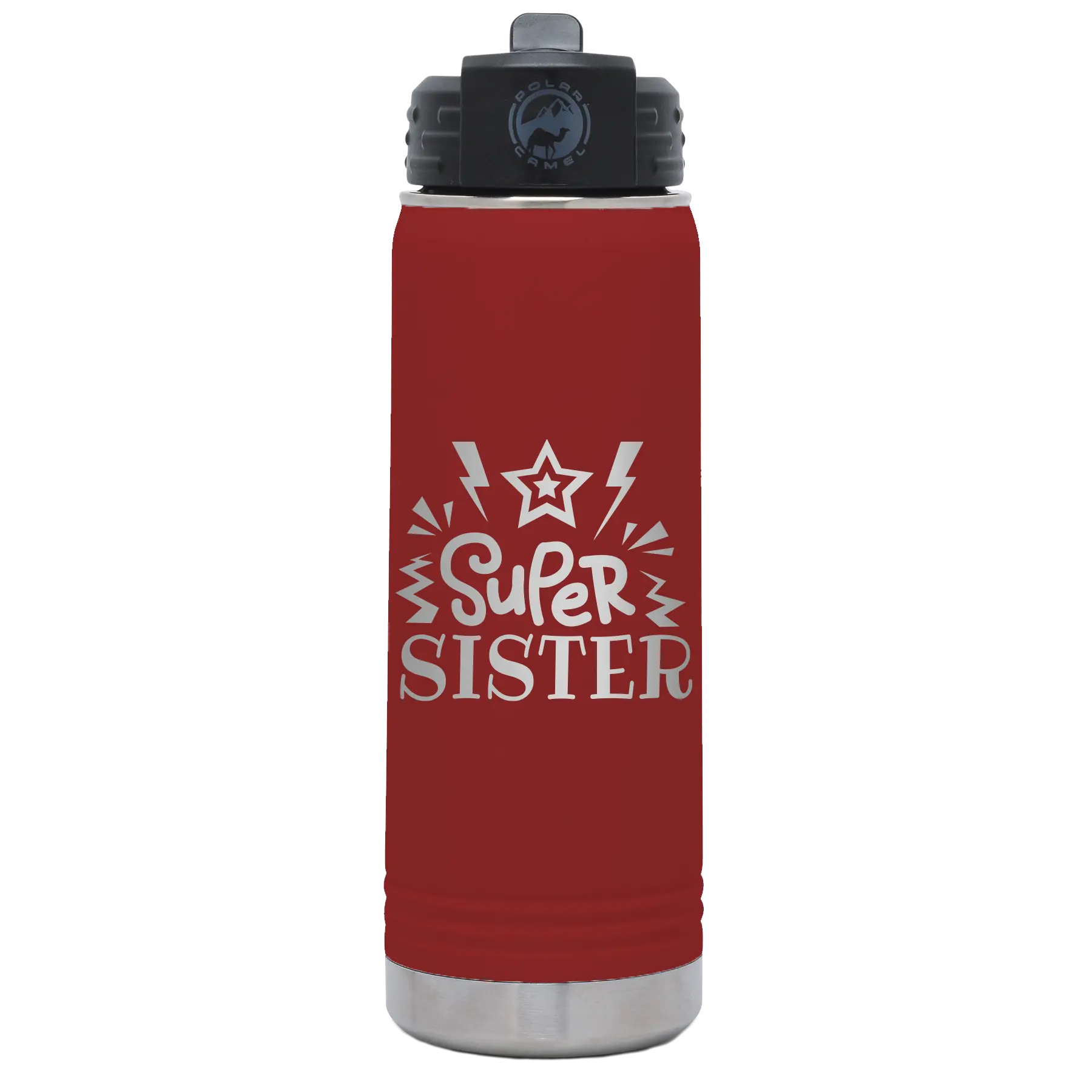 Laser etched maroon 20 oz vacuum insulated water bottle with 'Super Sister' design