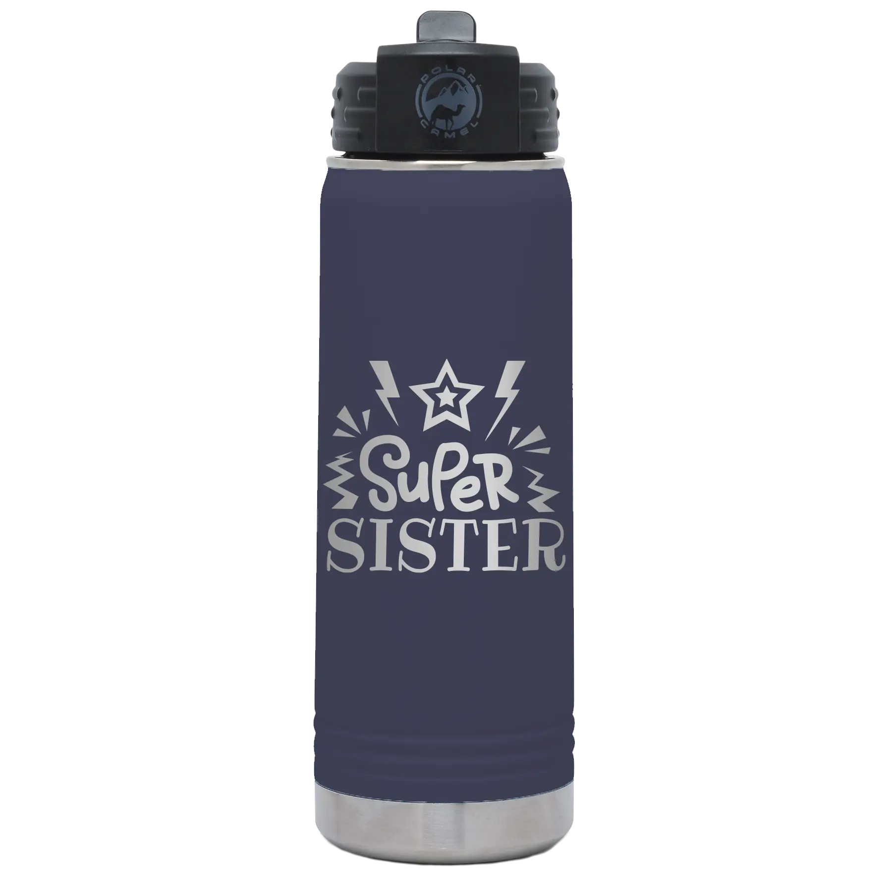 Laser etched navy 20 oz vacuum insulated water bottle with 'Super Sister' design