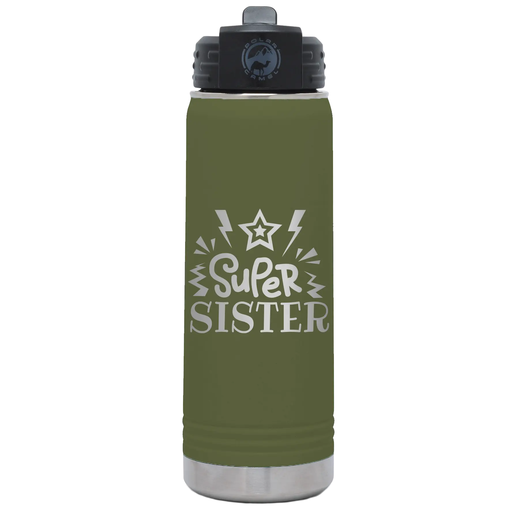 Laser etched olive green 20 oz vacuum insulated water bottle with 'Super Sister' design