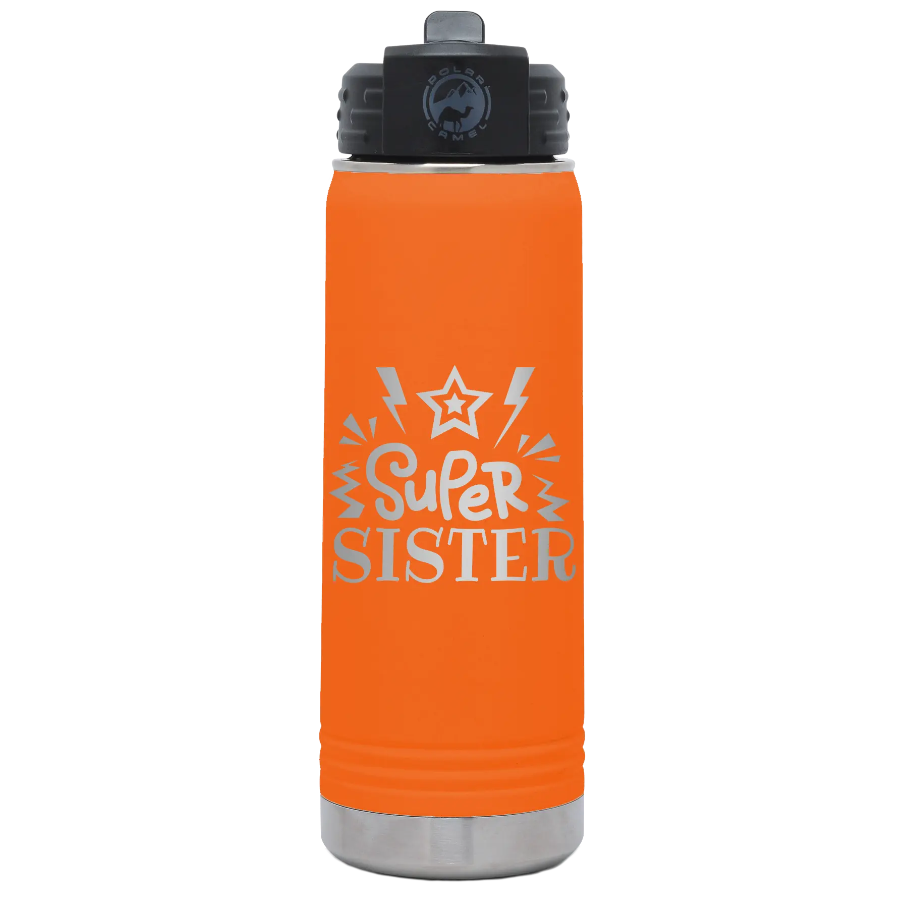 Laser etched orange 20 oz vacuum insulated water bottle with 'Super Sister' design