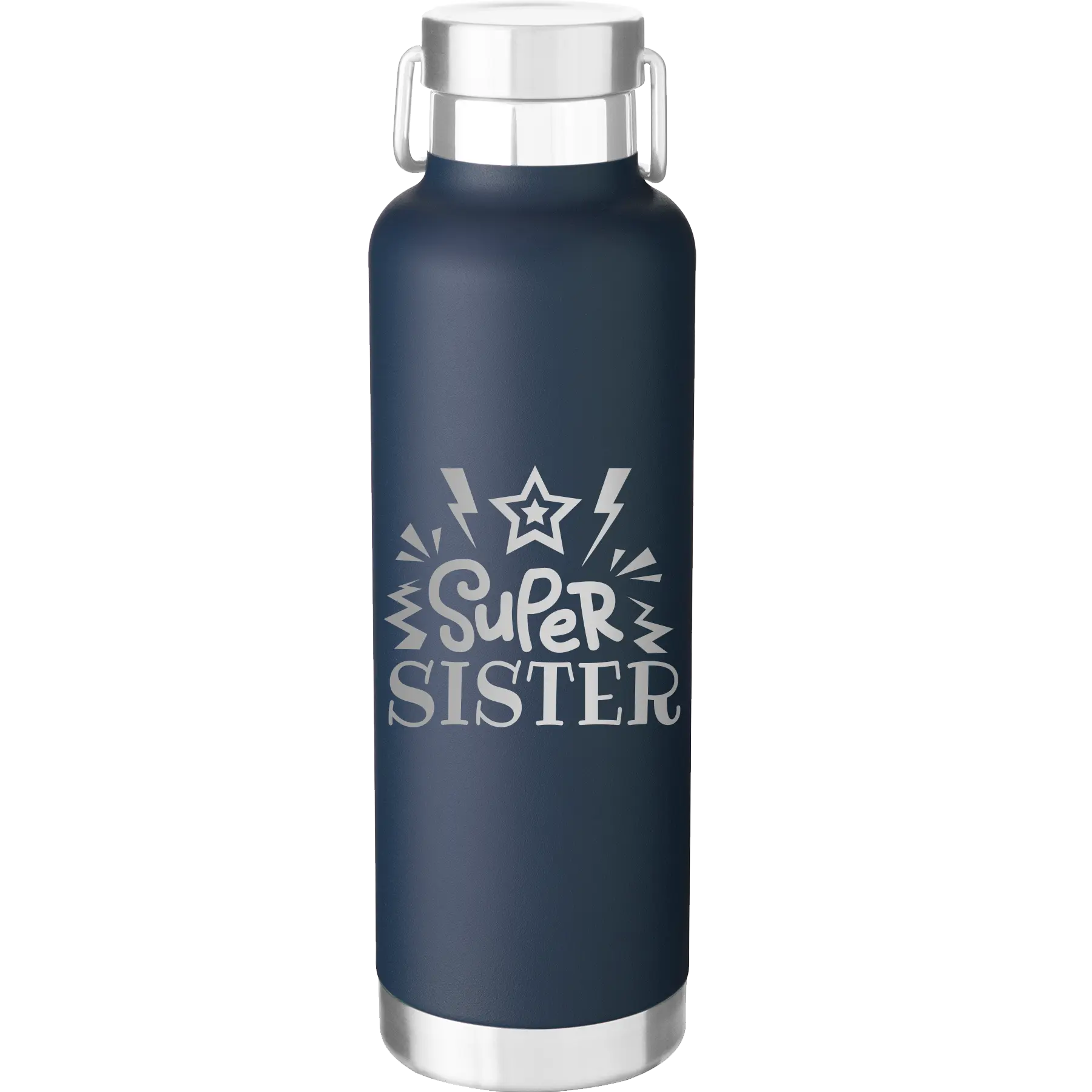 Laser etched navy 24 oz vacuum insulated water bottle with 'Super Sister' design